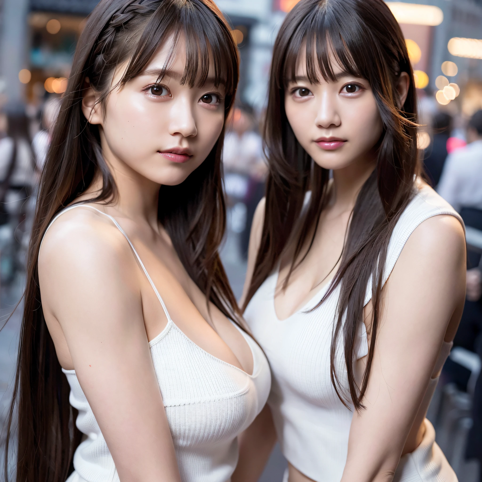 Fine clothing, White clothes, Blunt bangs, braids, (mid breasts:1 ), cleavage between breasts, knit、、、、、Sheer knitwear、 Very long hair、Straight Hair、finerly detailed face、Cool face、(Smooth chin:0.85)、Eye、Beautiful eyes、Fine eyes、skirts、(evening glow:1.4)、from the side、photons mapping、physically based rendering、RAW Photos、high detailed background、(Photorealistic:1 )、Highres、Near and far law、front facing、Black underwear peeking out of clothes