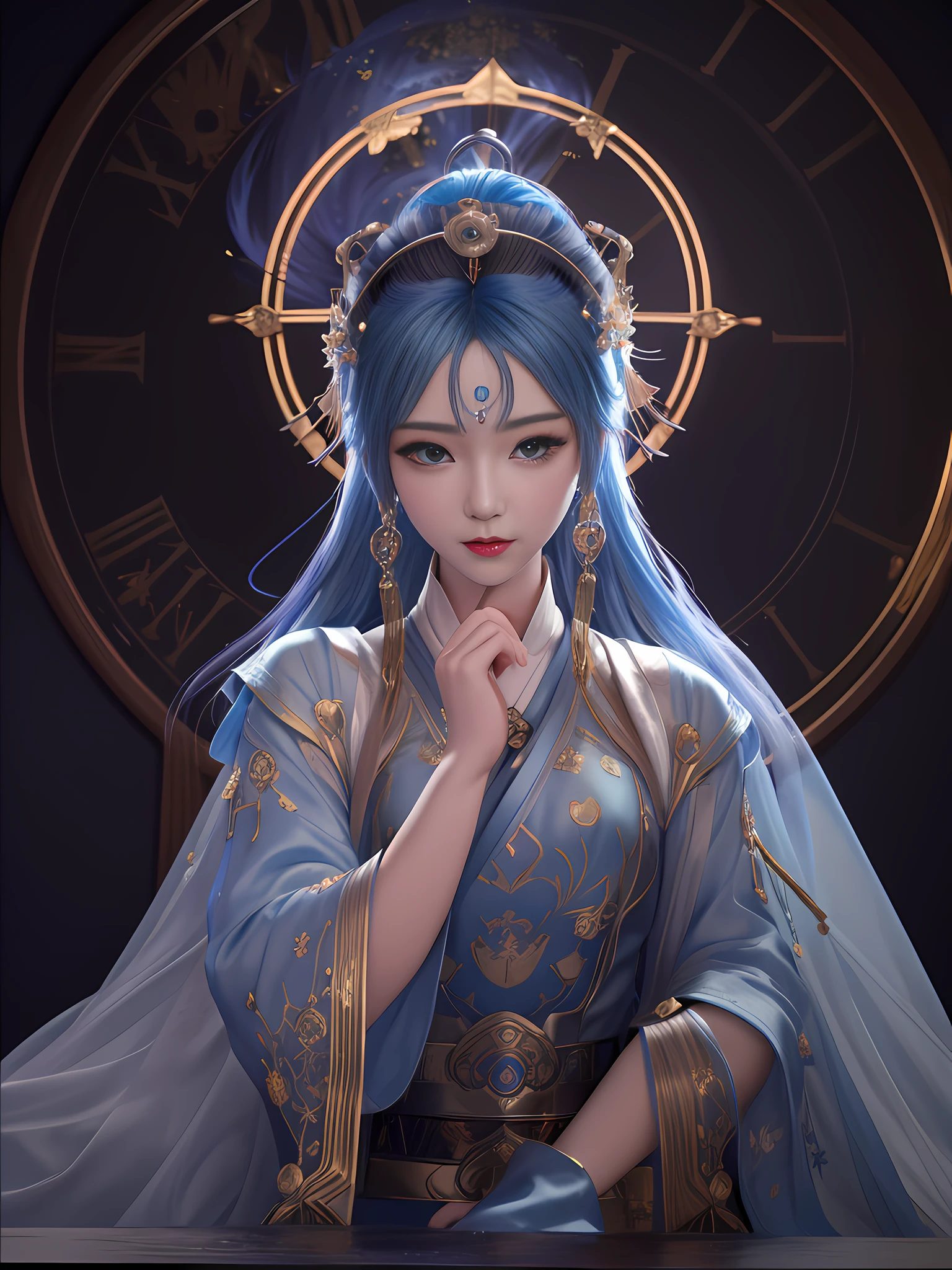 anime girl with blue hair and a crown in front of a clock, a beautiful fantasy empress, ((a beautiful fantasy empress)), trending on cgstation, 8k high quality detailed art, palace ， a girl in hanfu, beautiful celestial mage, artwork in the style of guweiz, beautiful character painting, 2 Maidens. 5 d cgi anime fantasy artwork