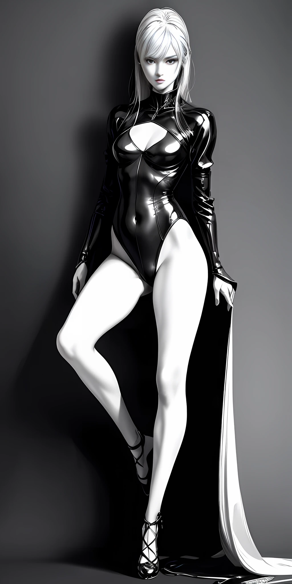 a masterpiece,A master work of Japanese manga,grayscales,Monochrome sketch,Sketch art,Freehand ink art,Bold brushstrokes,Brilliant ideas,1 girl,full entire body,White hair,Delicate facial features,Glow Eyes,leotard,E cup,Long legs,parted lips,full body details,anime beauty,Realistic night,Realistic full body light and shadow,Hazy light,Fantasy World