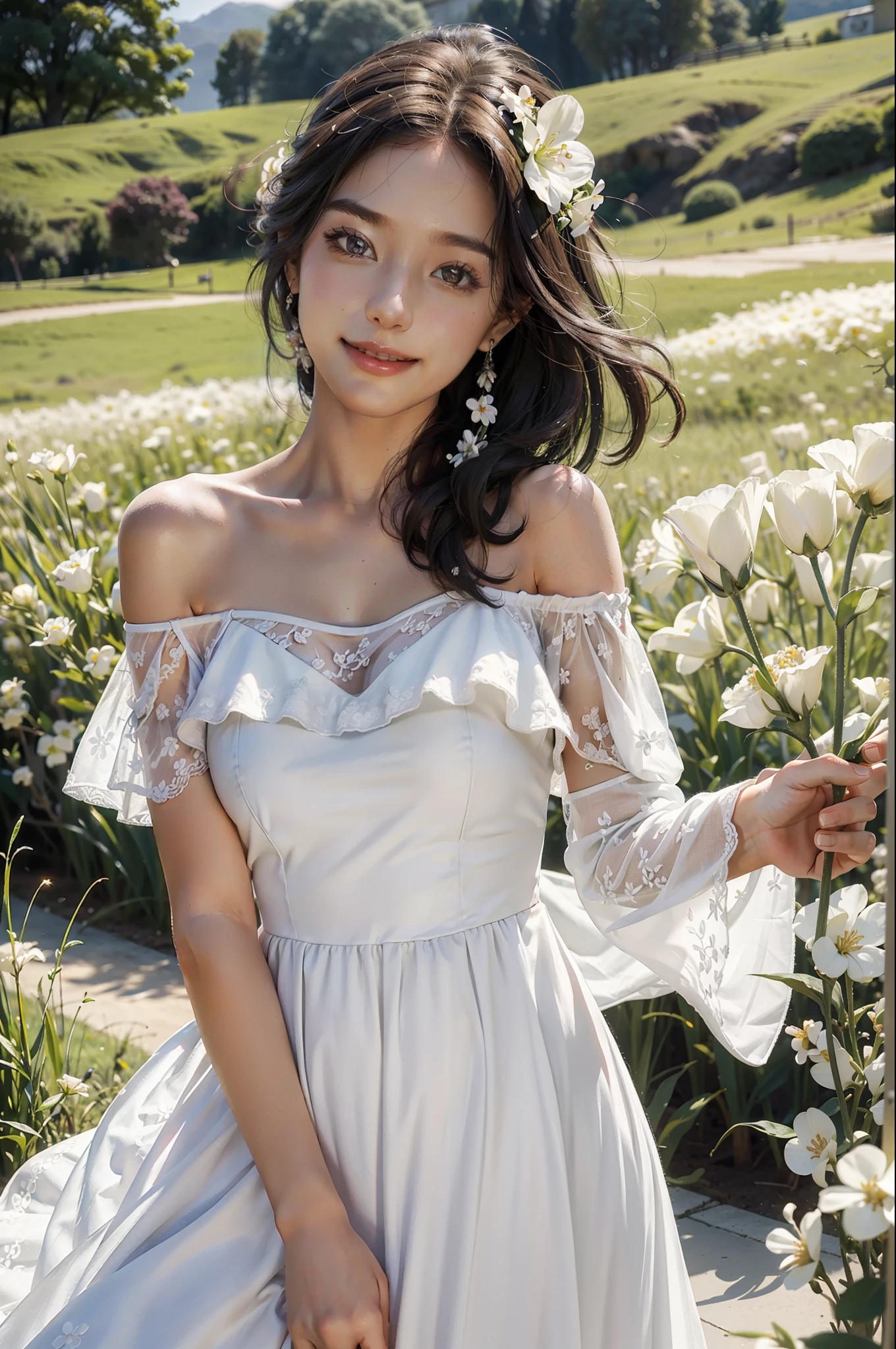 Best quality, masterpiece, ultra high res, (photorealistic:1.4), raw photo, 1girl, white dress, off shoulder, blossom flower field, glowing skin, light smile