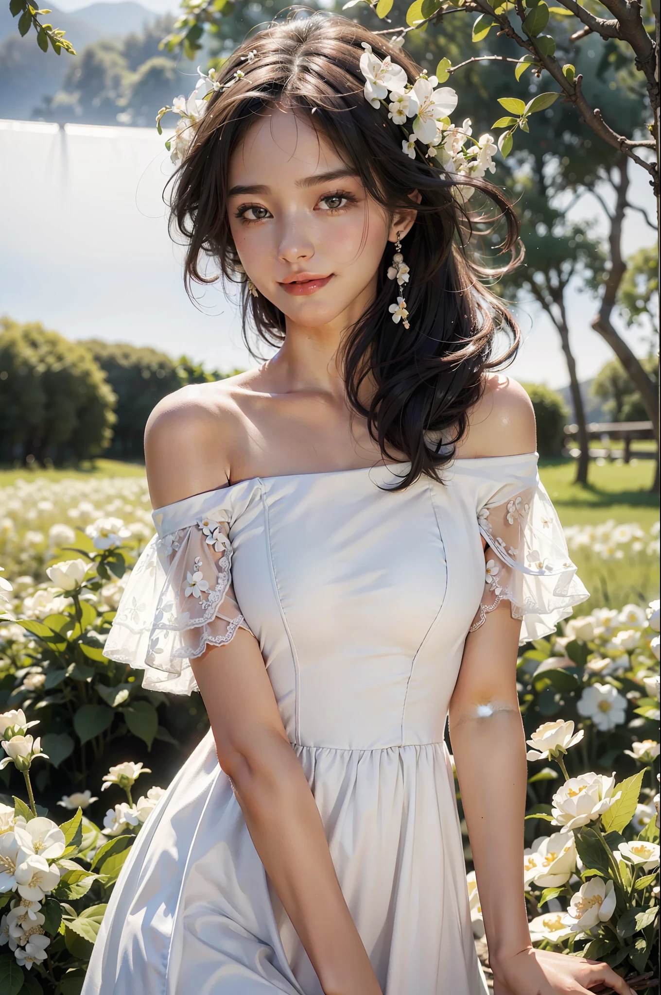 Best quality, masterpiece, ultra high res, (photorealistic:1.4), raw photo, 1girl, white dress, off shoulder, blossom flower field, glowing skin, light smile