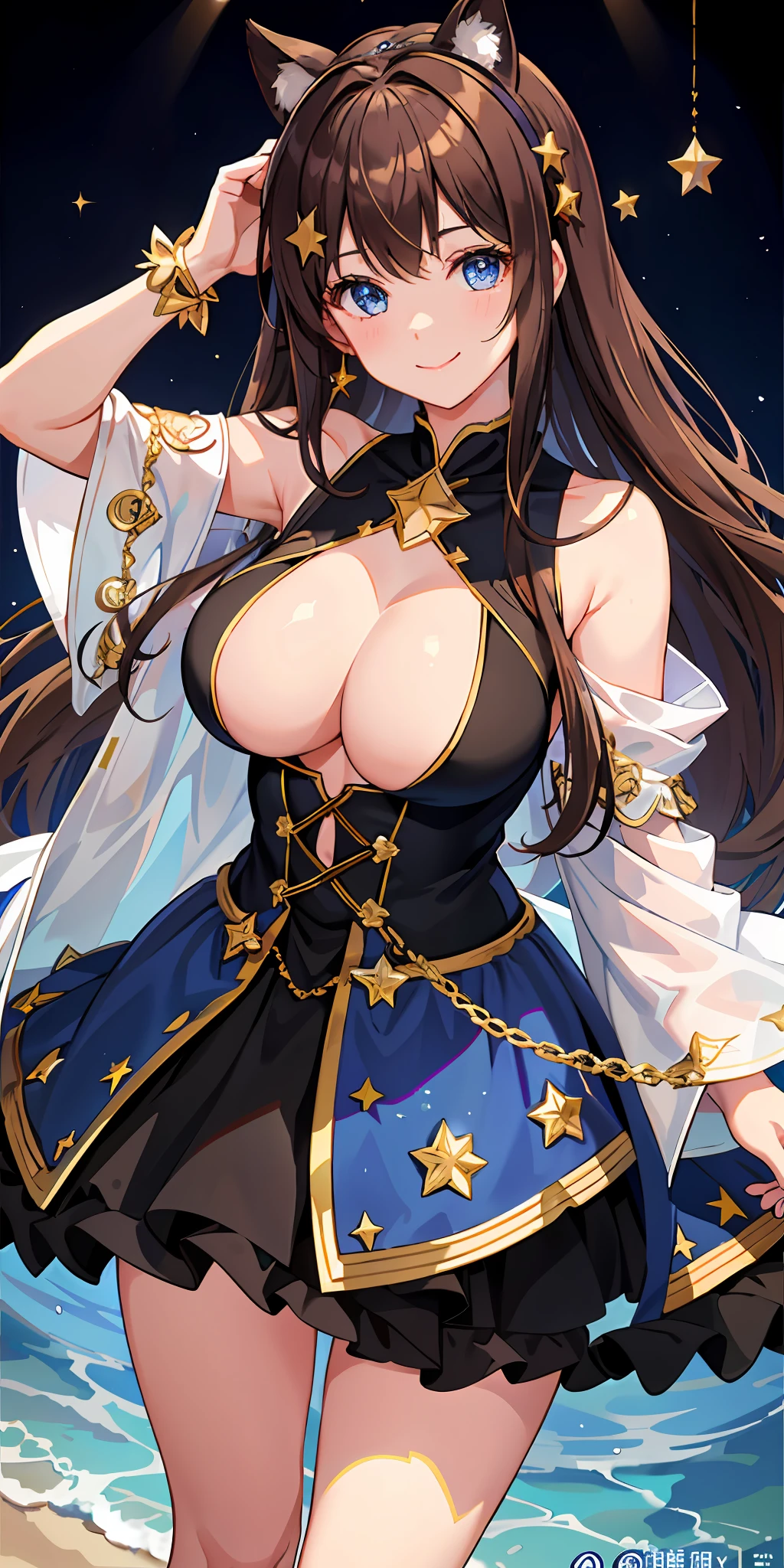 a 1girl、Bright、Brown hair、Star motif、multicoloured hair、Blue eyes、Sareme、Mask on the head、sidelight、Particles of Light、wallpapers、Big Boobs、voluptuous、voluptuous　Idol、Idol costume、Loose fluffy、quiet、smiling smile、Gentle、The clear、A sexy、Kuma-san