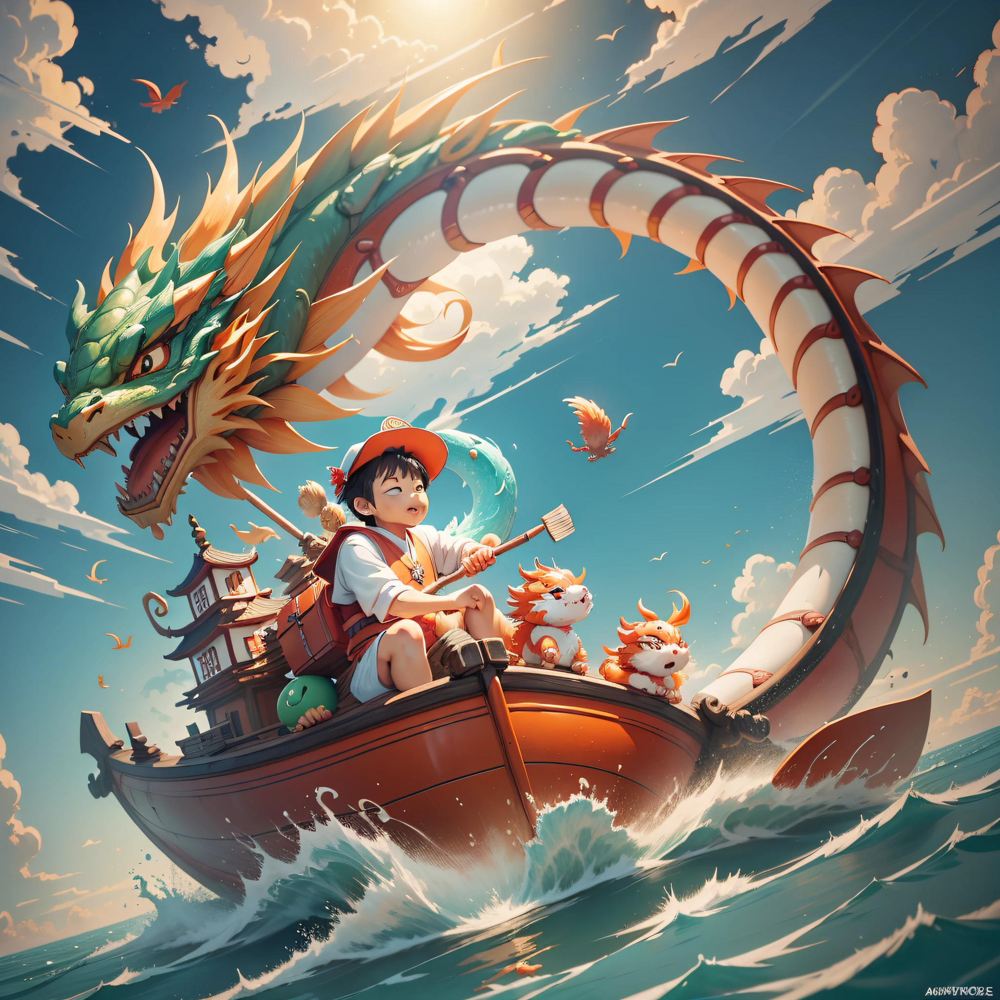 A cute Chinese boy is rowing a boat, a colorful Chinese dragon in the air, in the style of rendered in cinema4d, Low saturation,playful character designs, orange and green, Clean blue sky and white clouds,bloomcore, toycore, solid background,clean ackground,cinematic lighting,super details,8K,Ultimate