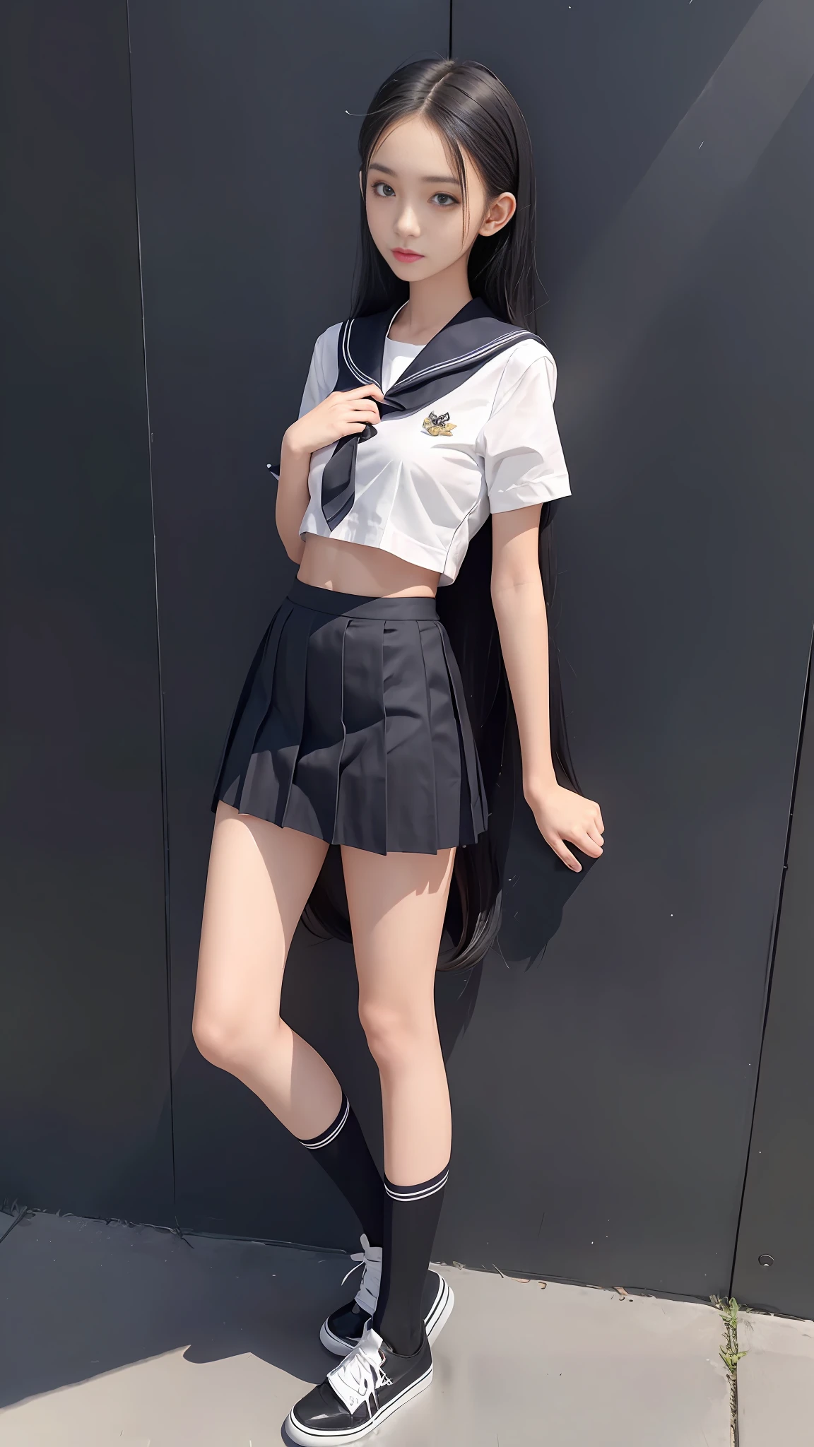 Summer Uniform Sailor Suit、Black pleated skirt、knee high socks、All over body、hair long、One Girl、Navel、skinny legs、Thin abs、black shoes、Standing like a model、Classroom