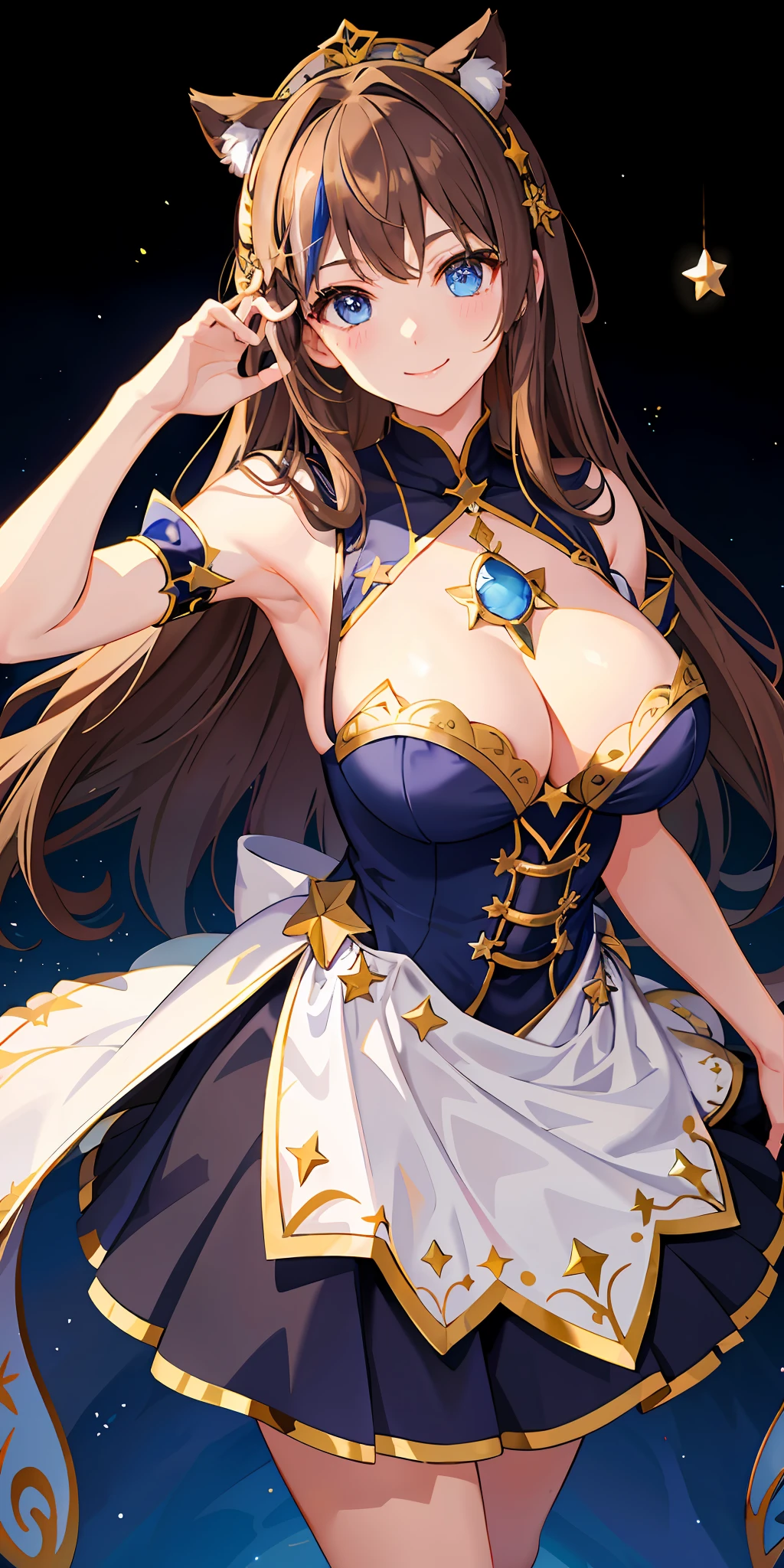 a 1girl、Bright、Brown hair、Star motif、multicoloured hair、Blue eyes、Sareme、Mask on the head、sidelight、Particles of Light、wallpapers、Big Boobs、voluptuous、voluptuous Idol、Idol costume、Loose fluffy、quiet、smiling smile、Gentle、The clear、A sexy、Kuma-san