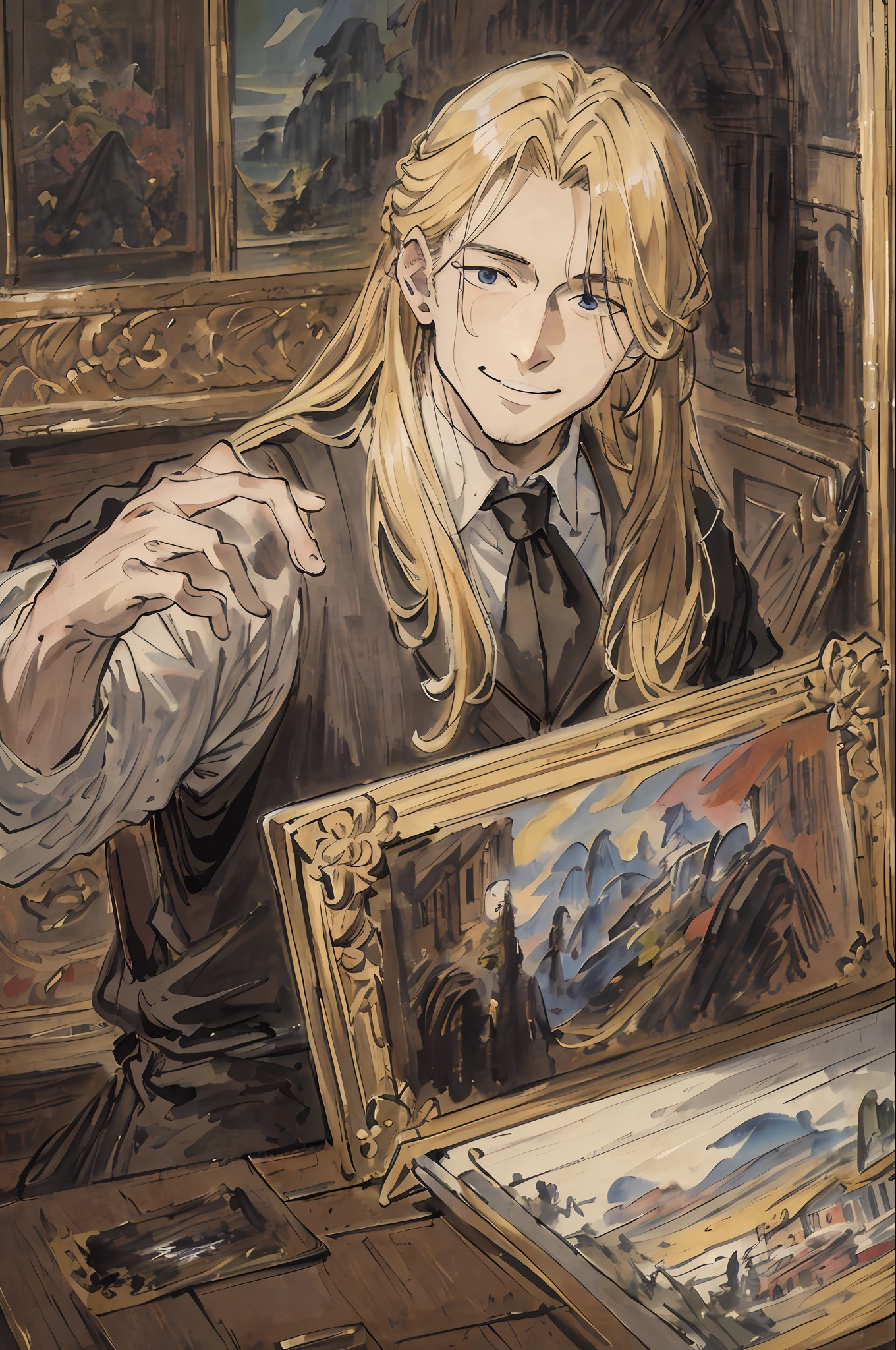 masterpiece, best quality, an evil guy smiling, world masterpiece theater, ultra-detailed, highly detailed, best quality, blonde hair, highres, extremely detailed,1guy, best quality, illustration, looking at viewer, impasto, canvas, oil painting, realistic, realist ,real,