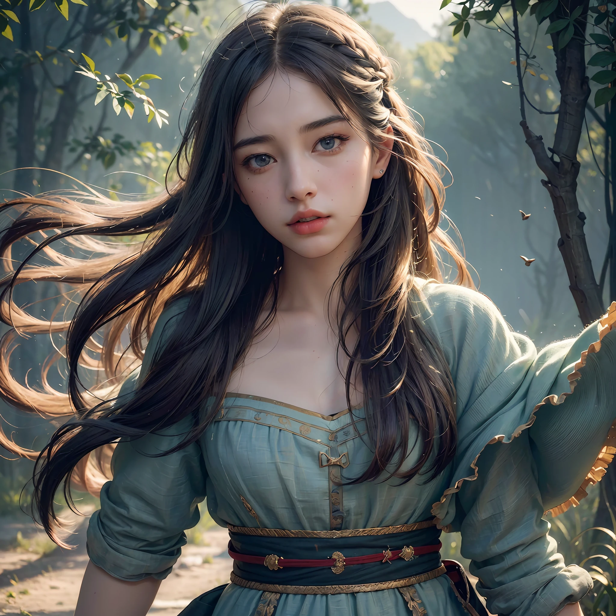 (RAW photo, best quality), (realistic, photo-realistic:1.3),best quality,highly detailed,masterpiece,ultra-detailed,illustration,1girl,upper_body,dynamic angle,world masterpiece theater,messy_long_hair,best quality,extremely detailed CG unity 8k wallpaper,ink,Amazing,cinematic lighting,lens_flare,,dunhuang_style