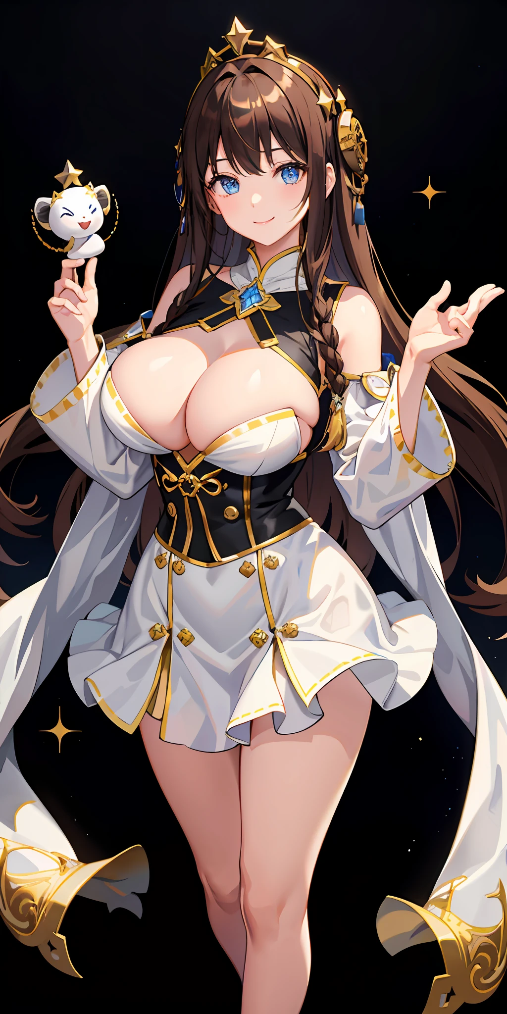 a 1girl、Bright、Brown hair、Star motif、multicoloured hair、Blue eyes、Sareme、Mask on the head、sidelight、Particles of Light、wallpapers、Big Boobs、voluptuous、voluptuous　Idol、Idol costume、Loose fluffy、quiet、smiling smile、Gentle、The clear、A sexy、Kuma-san