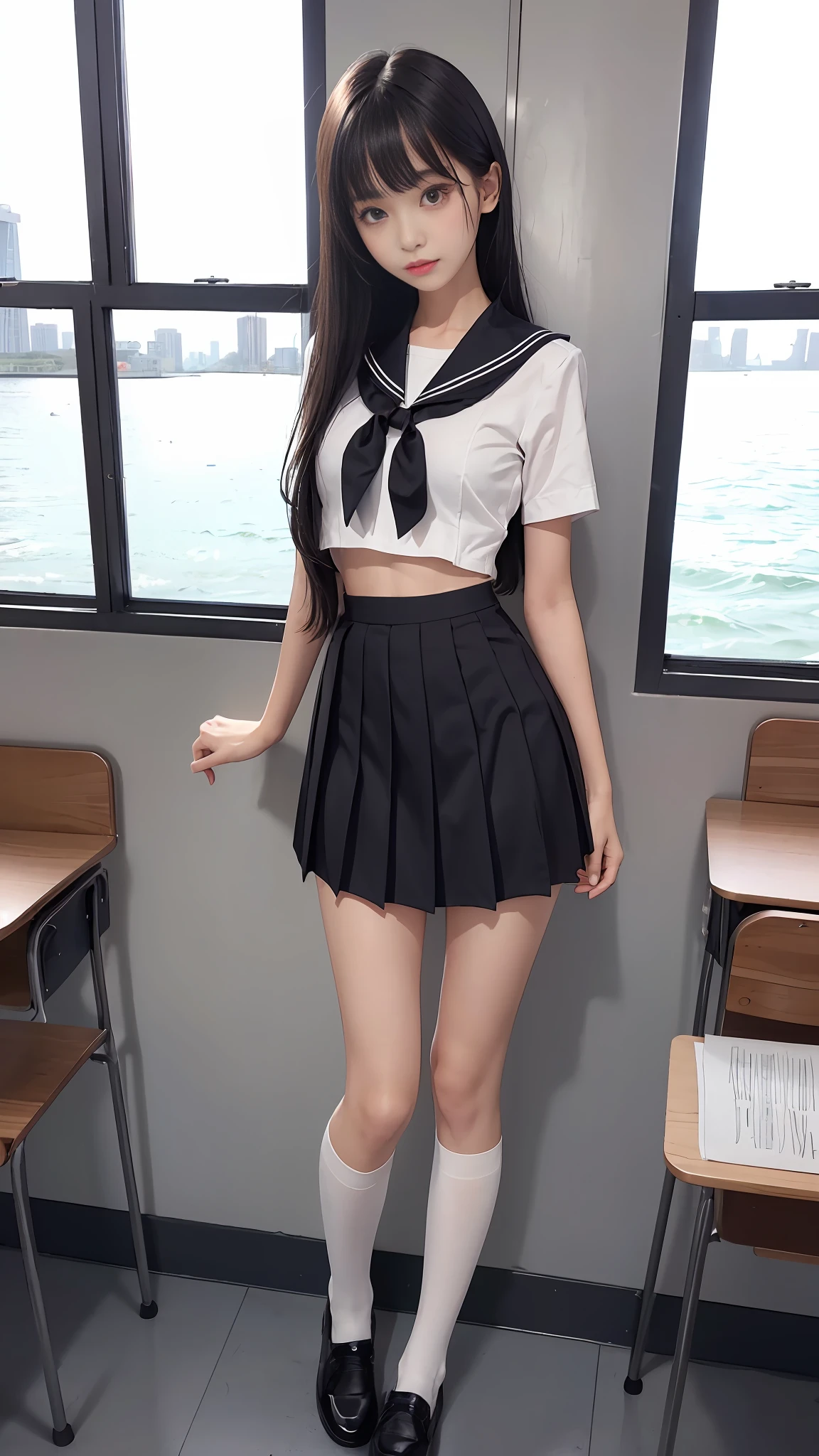 Summer Uniform Sailor Suit、Black pleated skirt、knee high socks、All over body、hair long、One Girl、Navel、skinny legs、Thin abs、black shoes、Standing like a model、Classroom