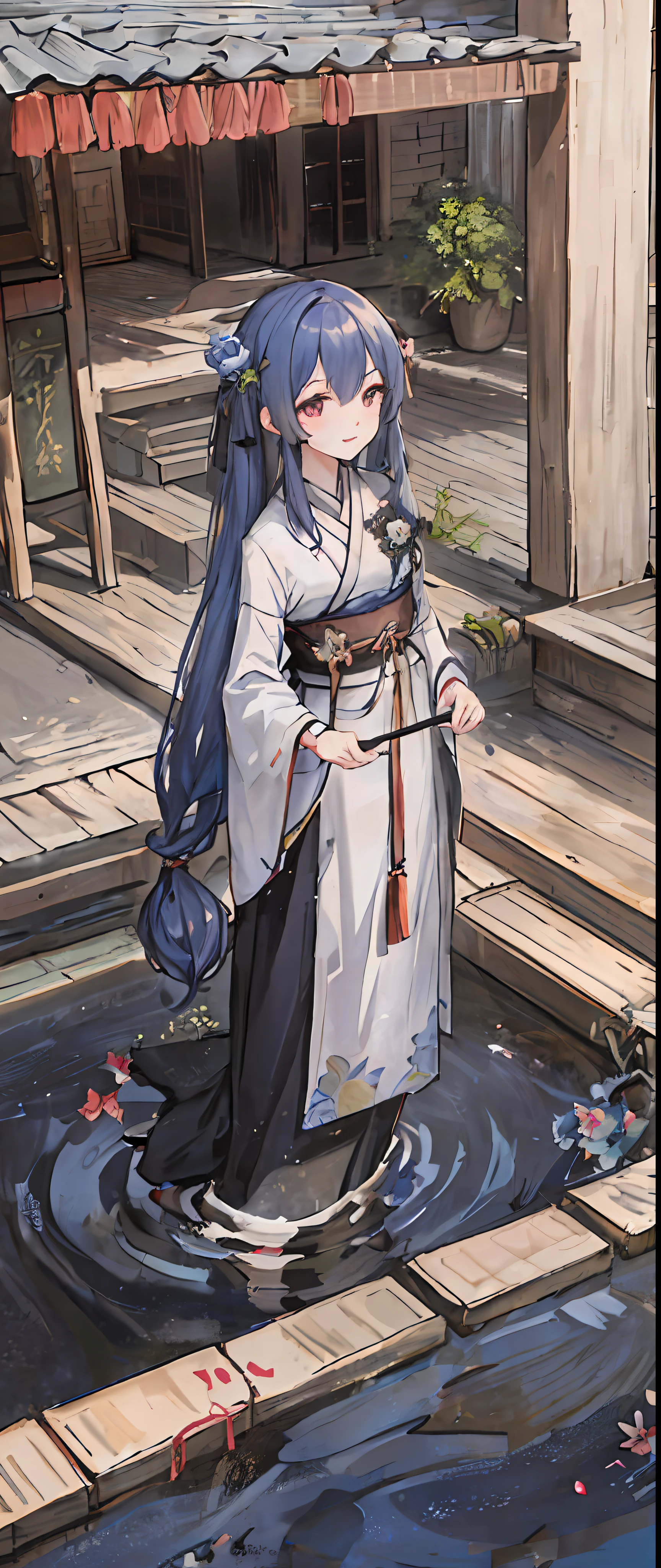 ((4k,masterpiece,best quality)), shuimobysim, traditional chinese ink painting, lotus, hanfu, maxiskit, dress conservatively 1girl, solo, long blue hair, smile, standing, feet in the water, barefoot,