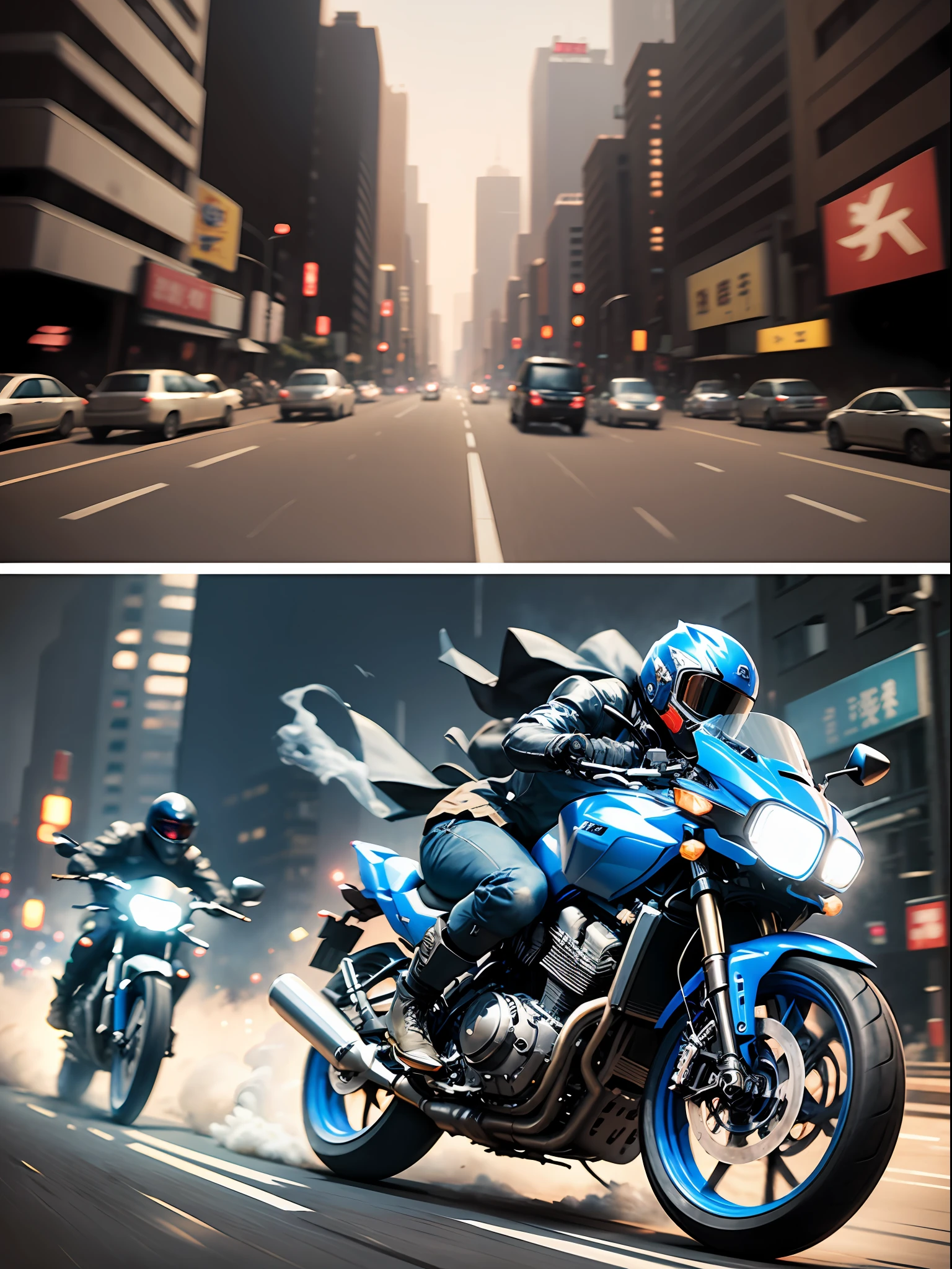 [Illustration storyboard]Comic page，There are four panels on one page: In a smoky city(background blurred) ，Several masked gangsters ride motorcycles，They had hideous expressions，Chase and smash，Tires rub against the ground，Rocks are falling apart，Smoke and dust filled the air(GoPro，F/2 Maidens.8，motion blur，long exposure，diffuse backlight)。[Many-Angle，Continuous shooting]Adopted in the style of Tetsuo Hara，cobalt blue and reflective silver，Motion picture film P30，S composition