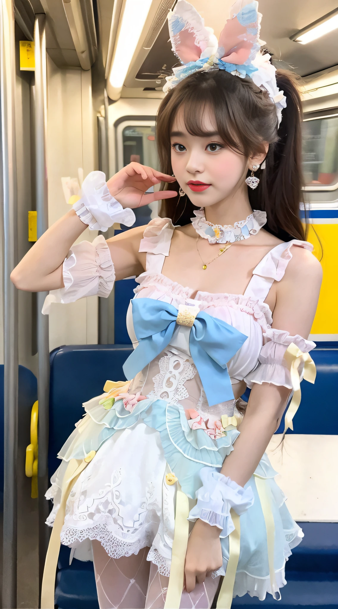 Bestquality,A Masterpiece,Ultra High Res,(lifelike:1 girl Girl.4 pcs),Raw Photo,((lolita),Metro station standing,(Hide your hands)),1 girl Girl,dark eyes,looks at the viewer,long long hair,Light makeup,Lips,Small ears,earings,On the subway,big chest,slender,fulllllbody,Bow,A Masterpiece, Bestquality, Front View,white silk stocking