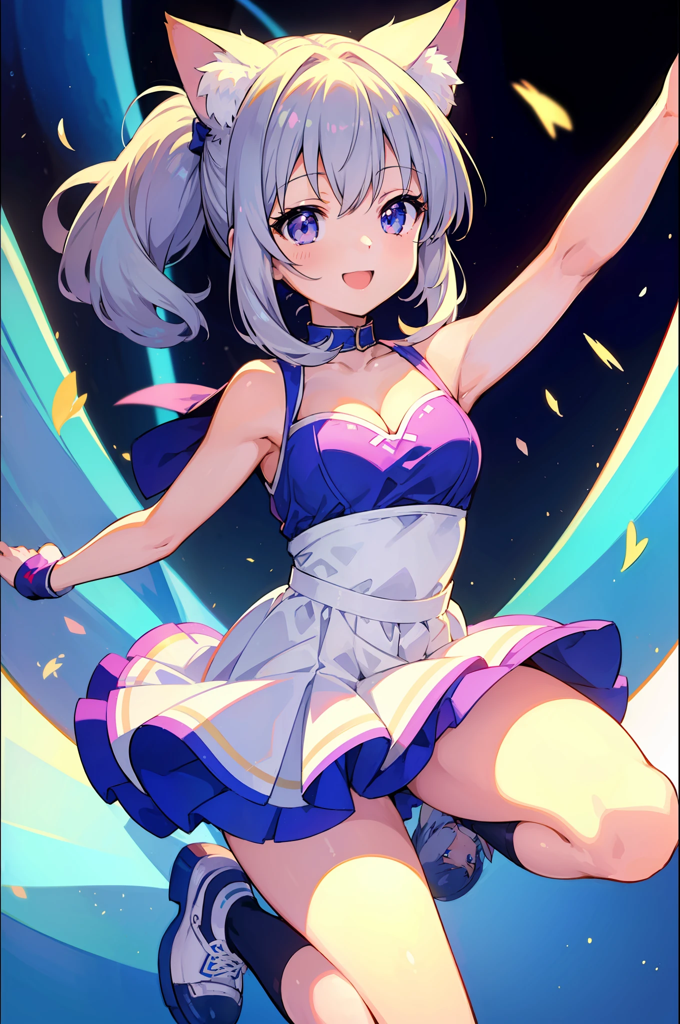 (A Masterpiece)、(Top quality anime illustrations)、(ultra definition)、a 1 girl、solo、、Beautiful girl with silver hair、Anime Loli、Cat eared loli、cheerleader、、seethrough、Sleeveless、smiling smile、Cleavage emphasis、Lower milk emphasis、thights、open the legs
