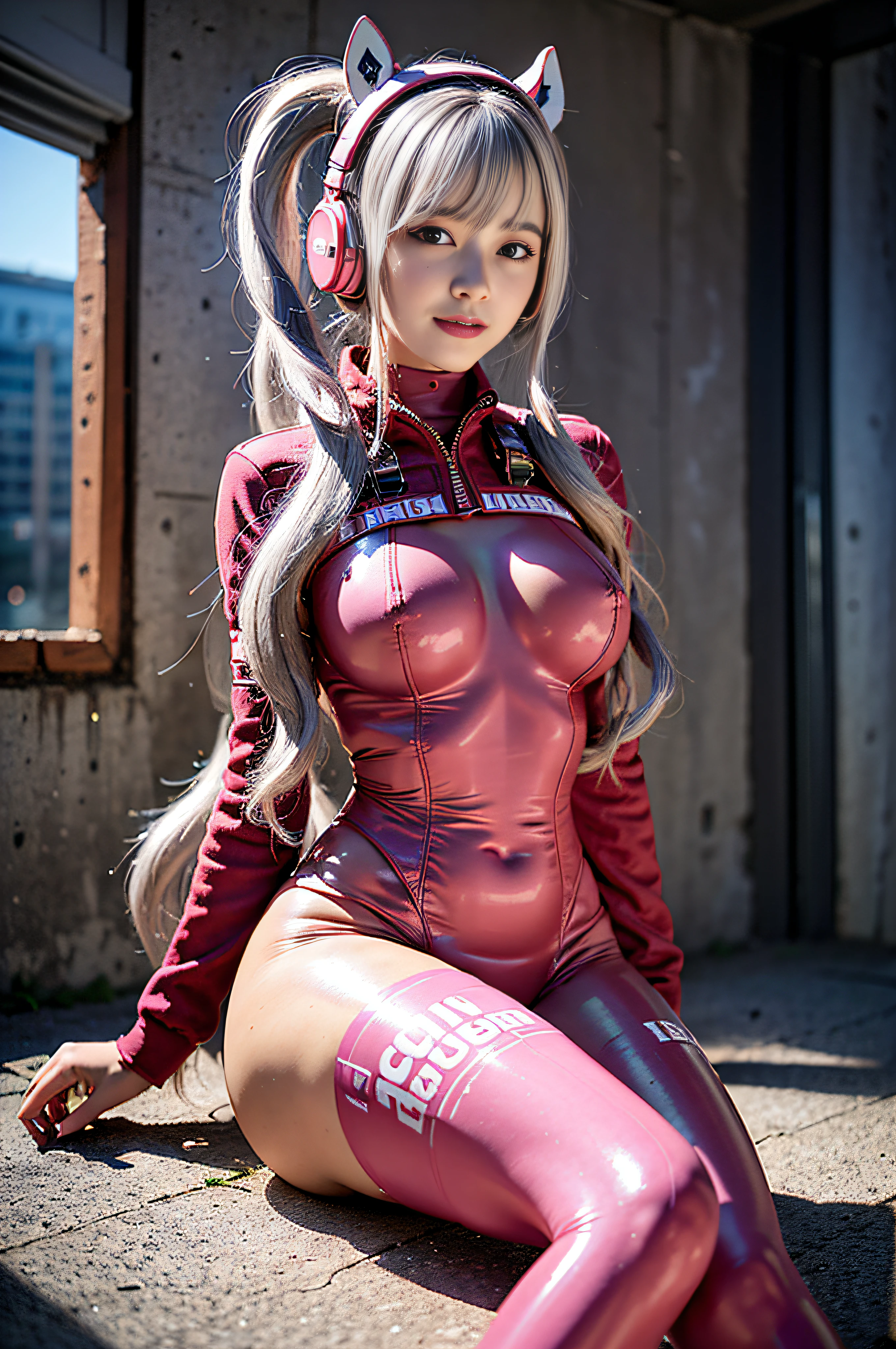 best quality, ultra high res, (photorealistic:1.4),masterpiece,1girl, Kpop idol,(aegyo sal:1.0),puffy eyes,(City of ruins),alice \(nikke\),(pink bodysuit),((animal ear headphones)),(shiny clothes),twintails,(latex bodysuit),(rubber suit),shoes,(cleavage),(slender),((white hair)),(silver hair),(gray hair),((red pupil)),(sitting on floor),(smile),Happy,(long hair),nsfw,depth of field,detail face, shiny skin, nice detailed eyes, heavy eye makeup, slim waist, blush, detailed eye makeup,perfect anatomy, view from below