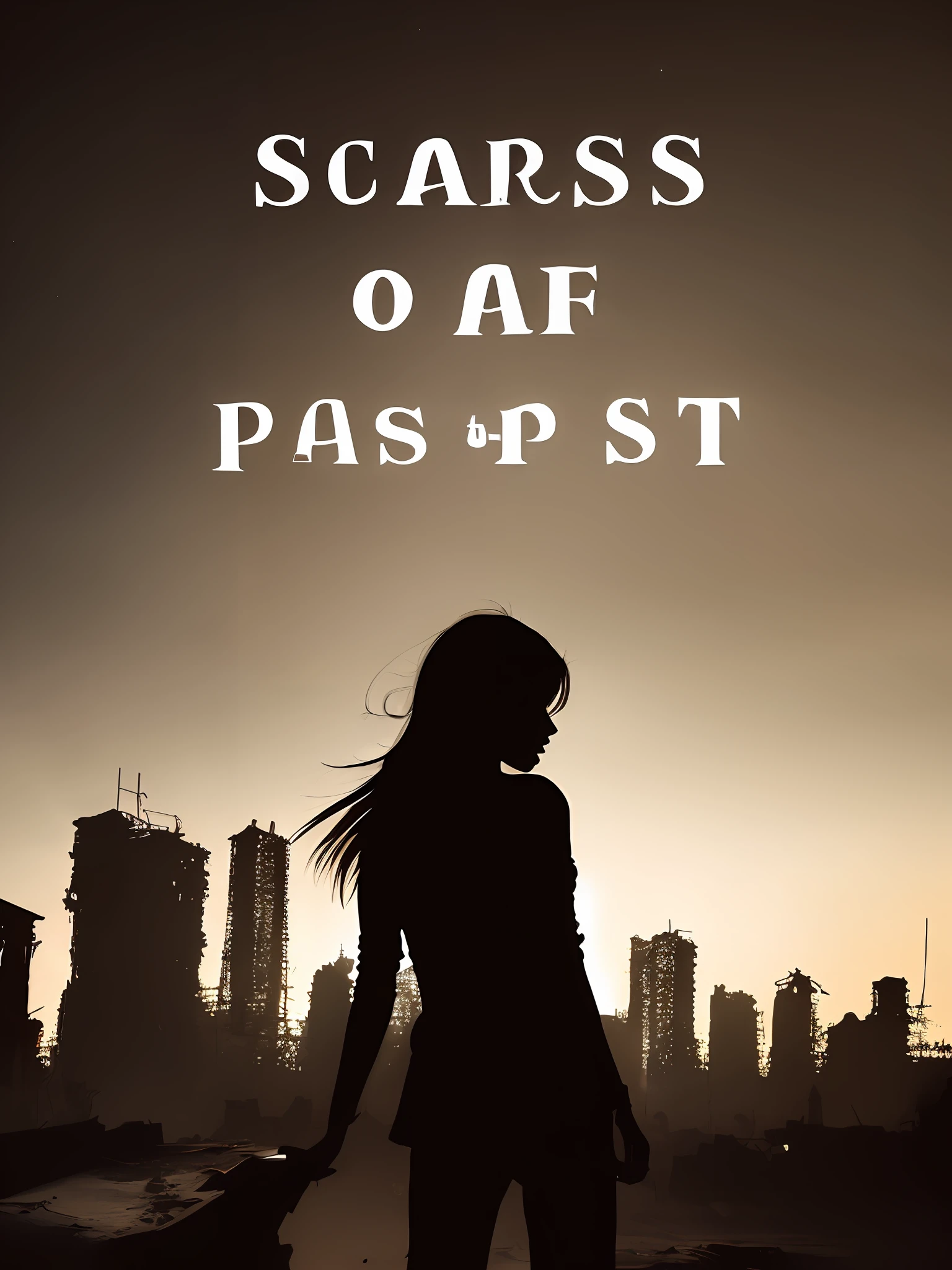 book portrait ( silhouette of a girl ) ( abandoned city silhouette ) with the title in the down part (title is "scars of the past ")