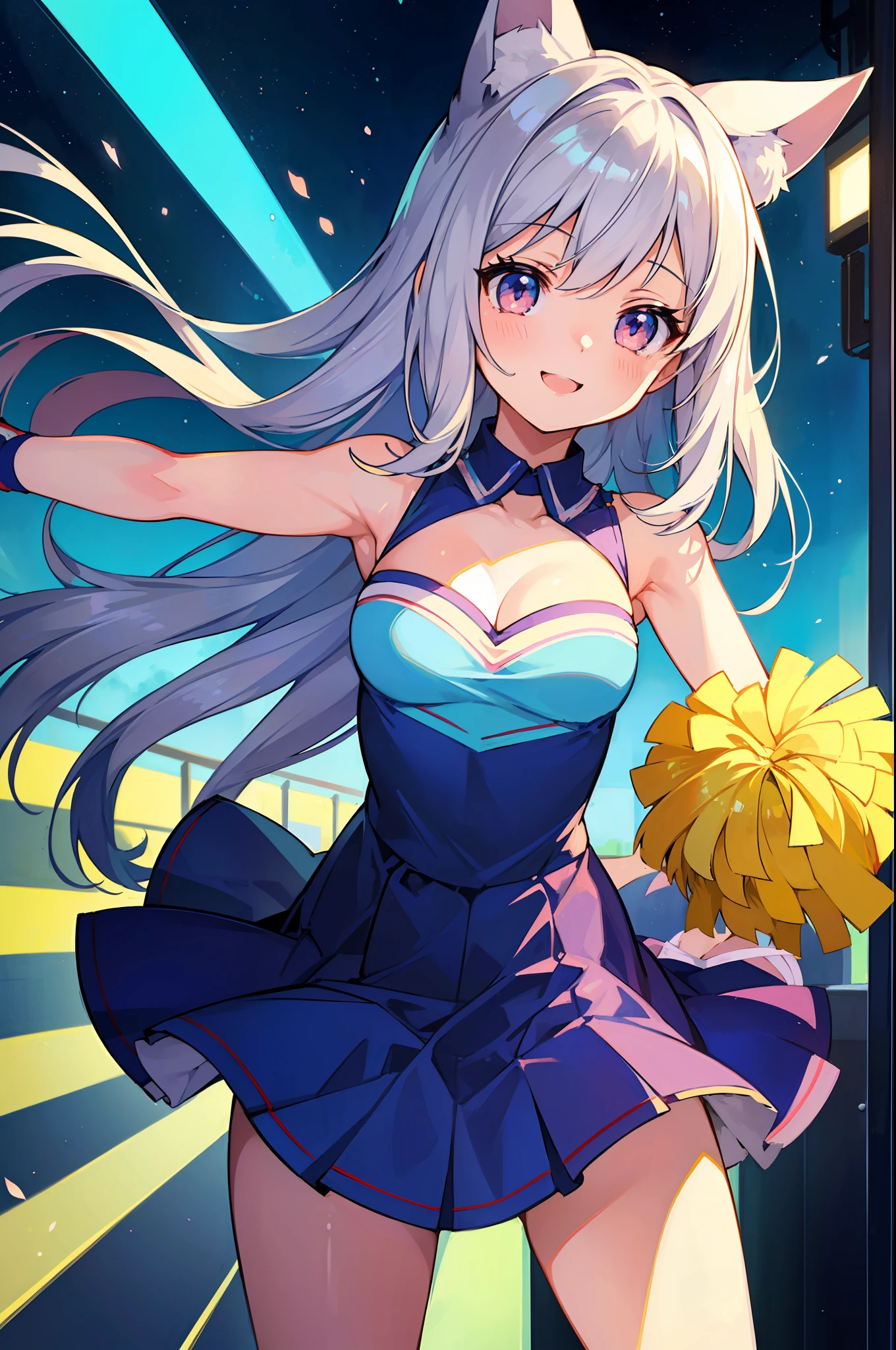 (A Masterpiece)、(Top quality anime illustrations)、(ultra definition)、a 1 girl、solo、、Beautiful girl with silver hair、Anime Loli、Cat eared loli、cheerleader、、seethrough、Sleeveless、smiling smile、Cleavage emphasis、thights、Thrust your upper body forward、open the legs