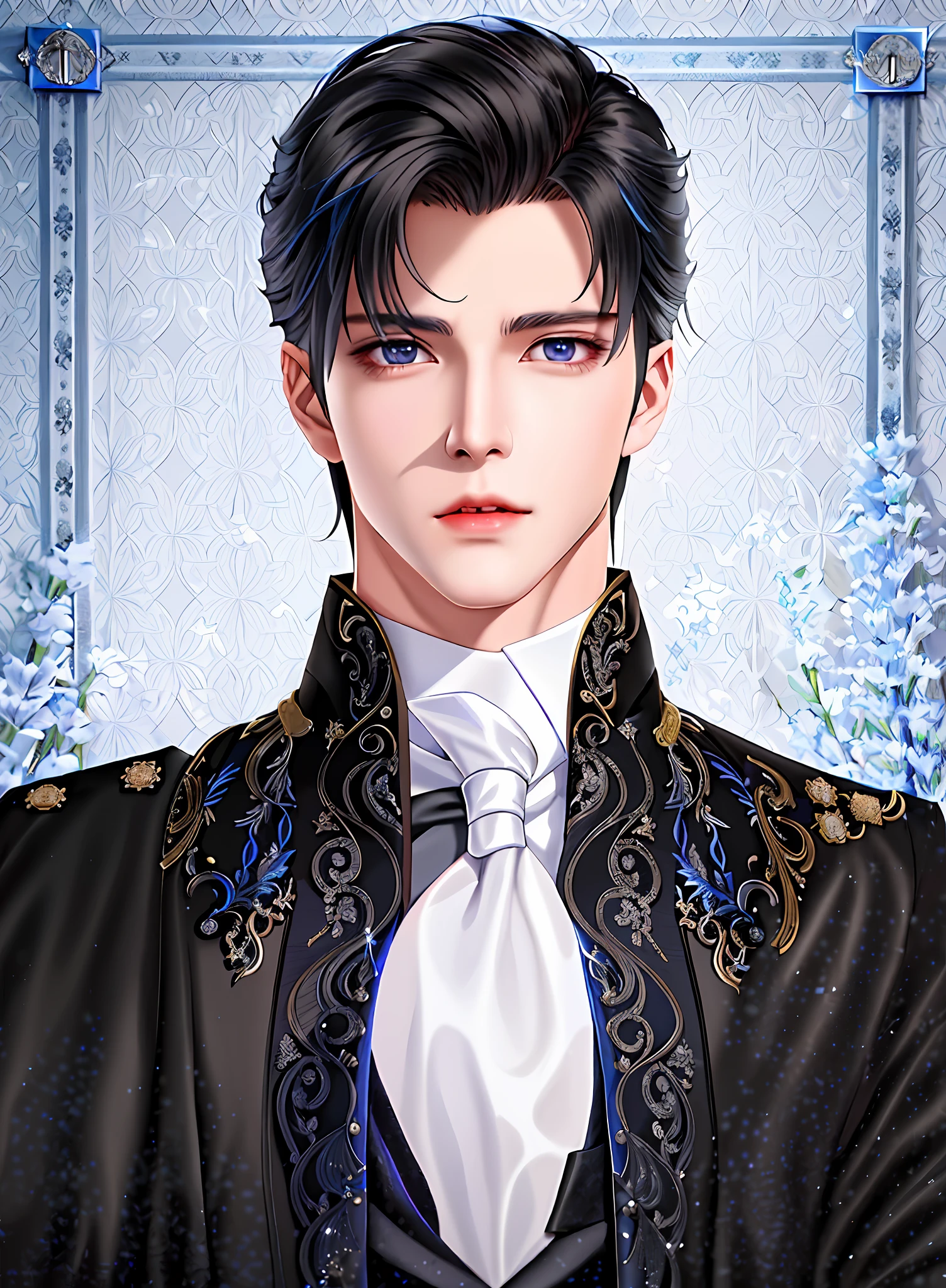 there is a man in a black jacket and white tie, beautiful androgynous prince, delicate androgynous prince, handsome prince, handsome male vampire, renaissance prince, anime handsome man, edward, wearing a black noble suit, tall anime guy with blue eyes, anime portrait of a handsome man, handsome guy in demon slayer art, inspired by Tomioka Tessai