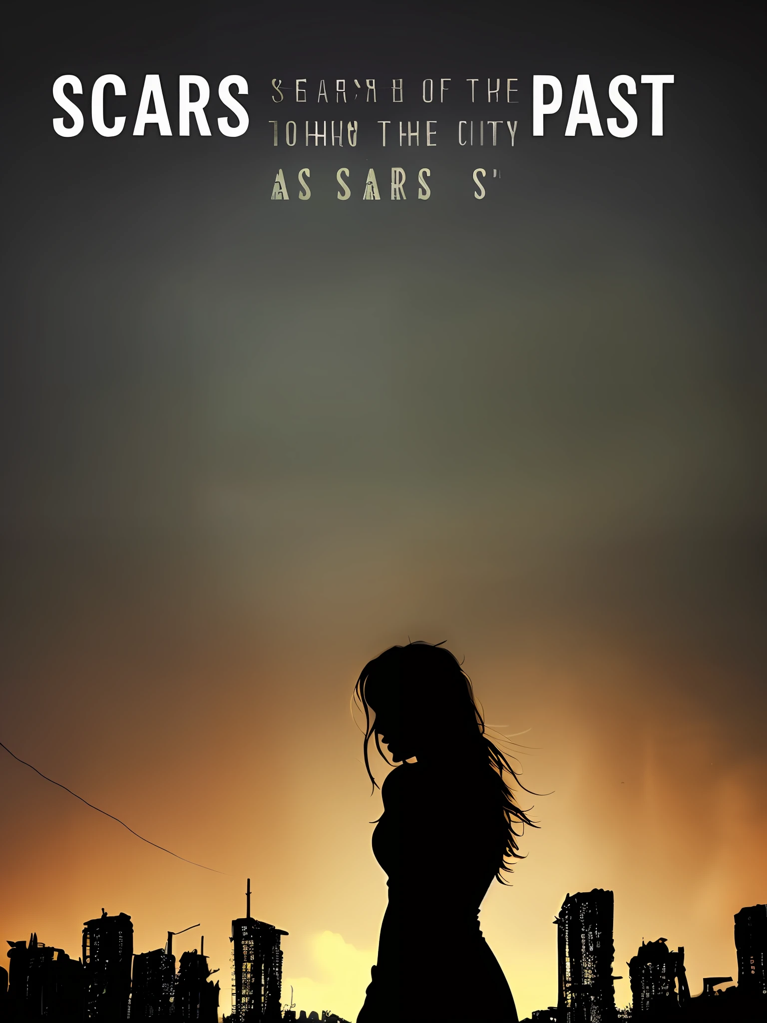 book portrait ( silhouette of a girl ) ( abandoned city silhouette ) with the title in the down part (title is "scars of the past ")