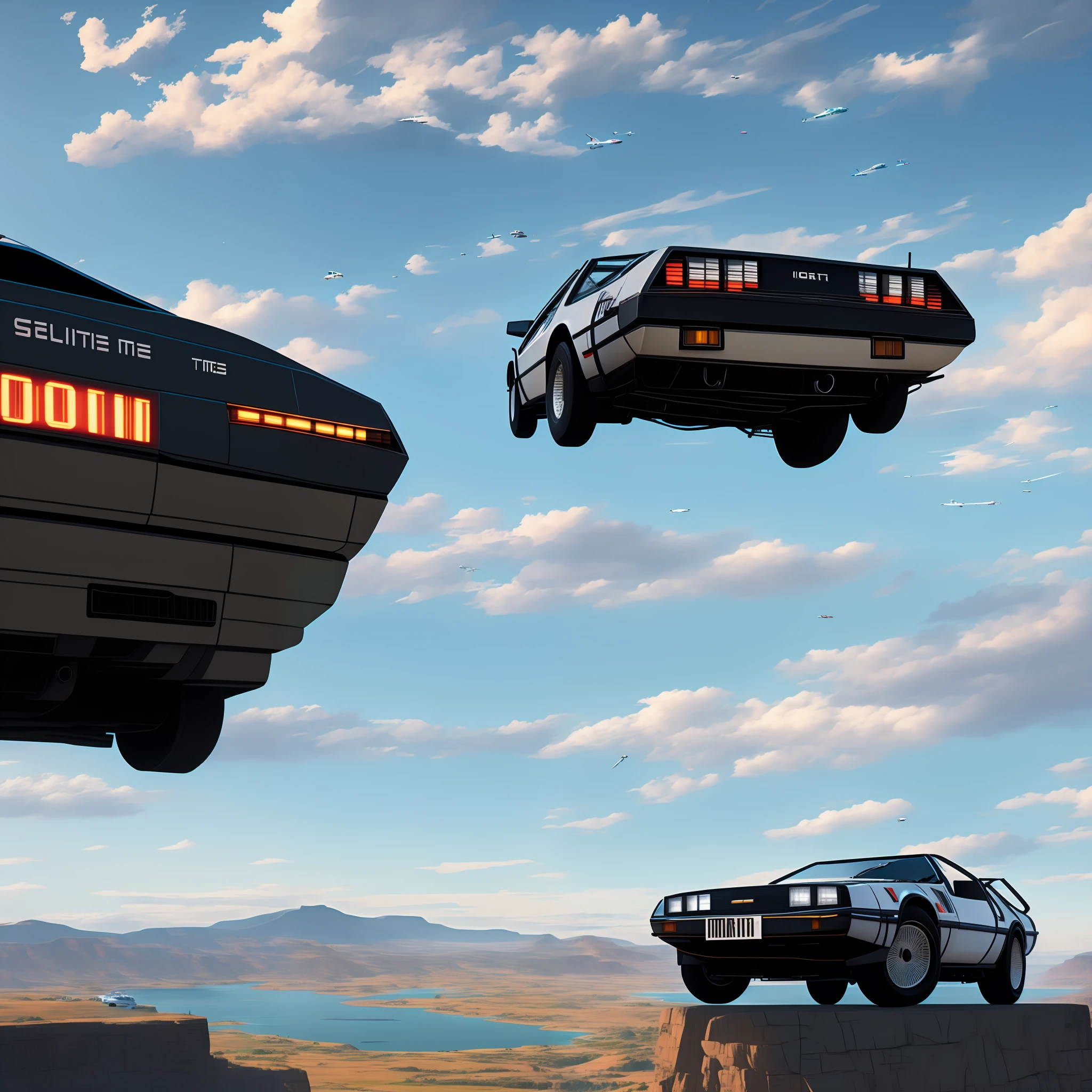 there are two cars flying over a cliff with a lake in the background, Fundo DeLorean, carros voadores, Delorean, carros flutuantes, epico. octane render, muitos carros voadores, hq 4k papel de parede, ((octane render)), Voando no tempo, hyperealistic octane render, flying vehicles, Kitt, 1 9 8 0 s retro sci - ser arte