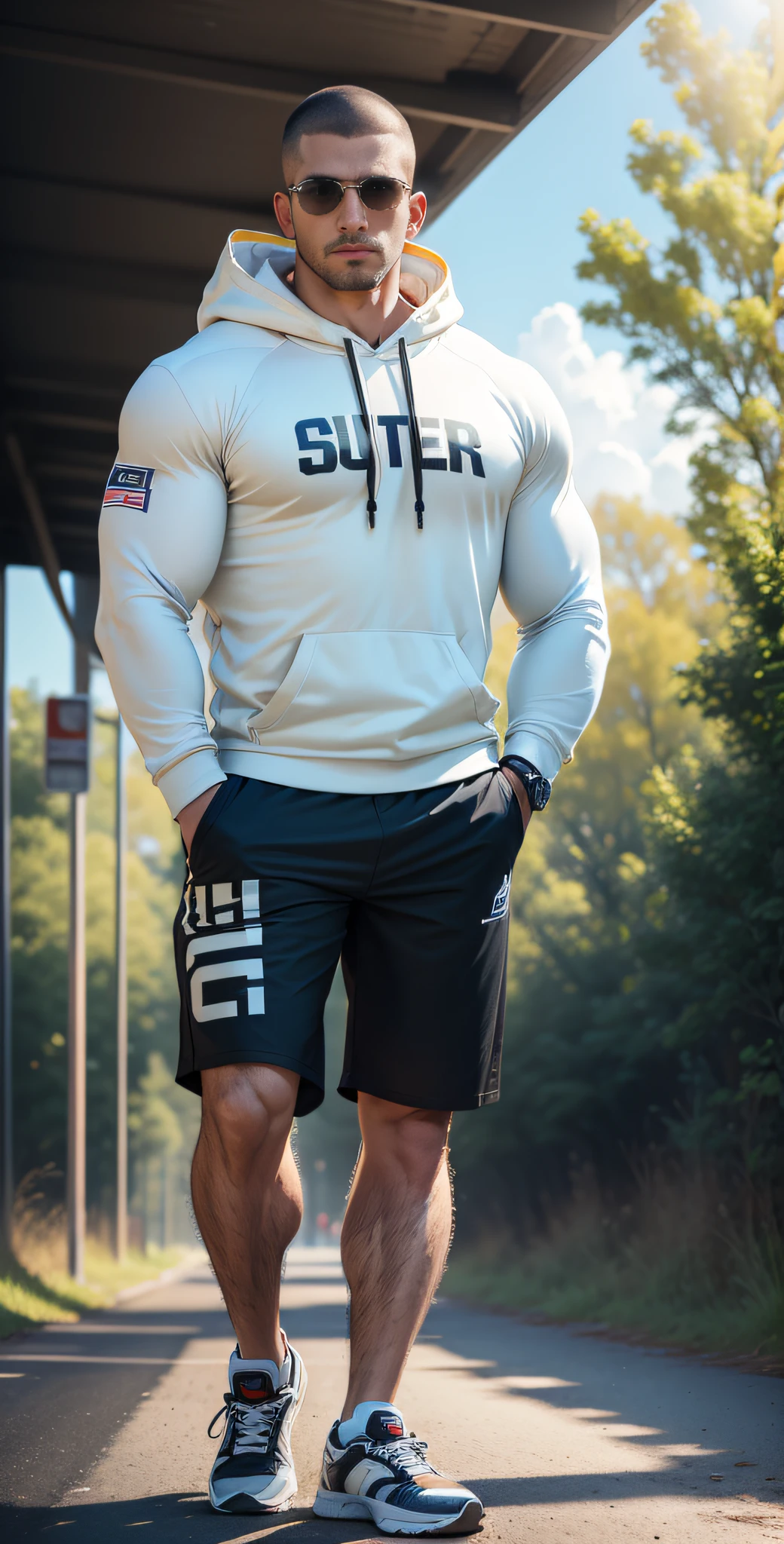 Man in off-white sweatshirt standing in the middle of a sunny highway，American round head，Buzz Cut，National character face，Tall and burly，muscular male hero，Heroic male pose，a muscular！Wear sunglasses，SKINS brand sports sweatshirt， Black hair，super buff and cool， commission for high res，  Character design: morning runner，sneaker shoes，Attractive strong men，The sun shines through the woods
