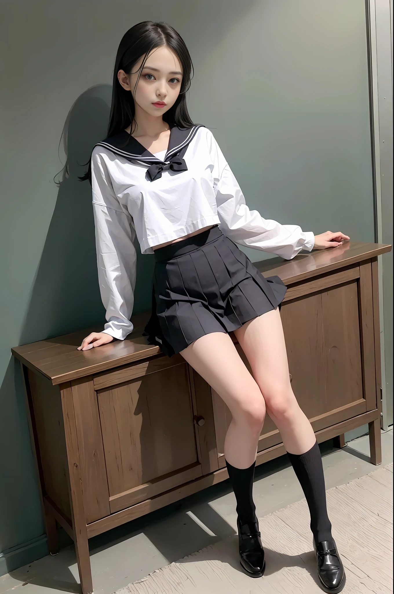 Summer Uniform Sailor Suit、Black pleated skirt、knee high socks、slenderbody、One Girl、Navel、skinny legs、Thin abs、black shoes、Standing like a model、Classroom
