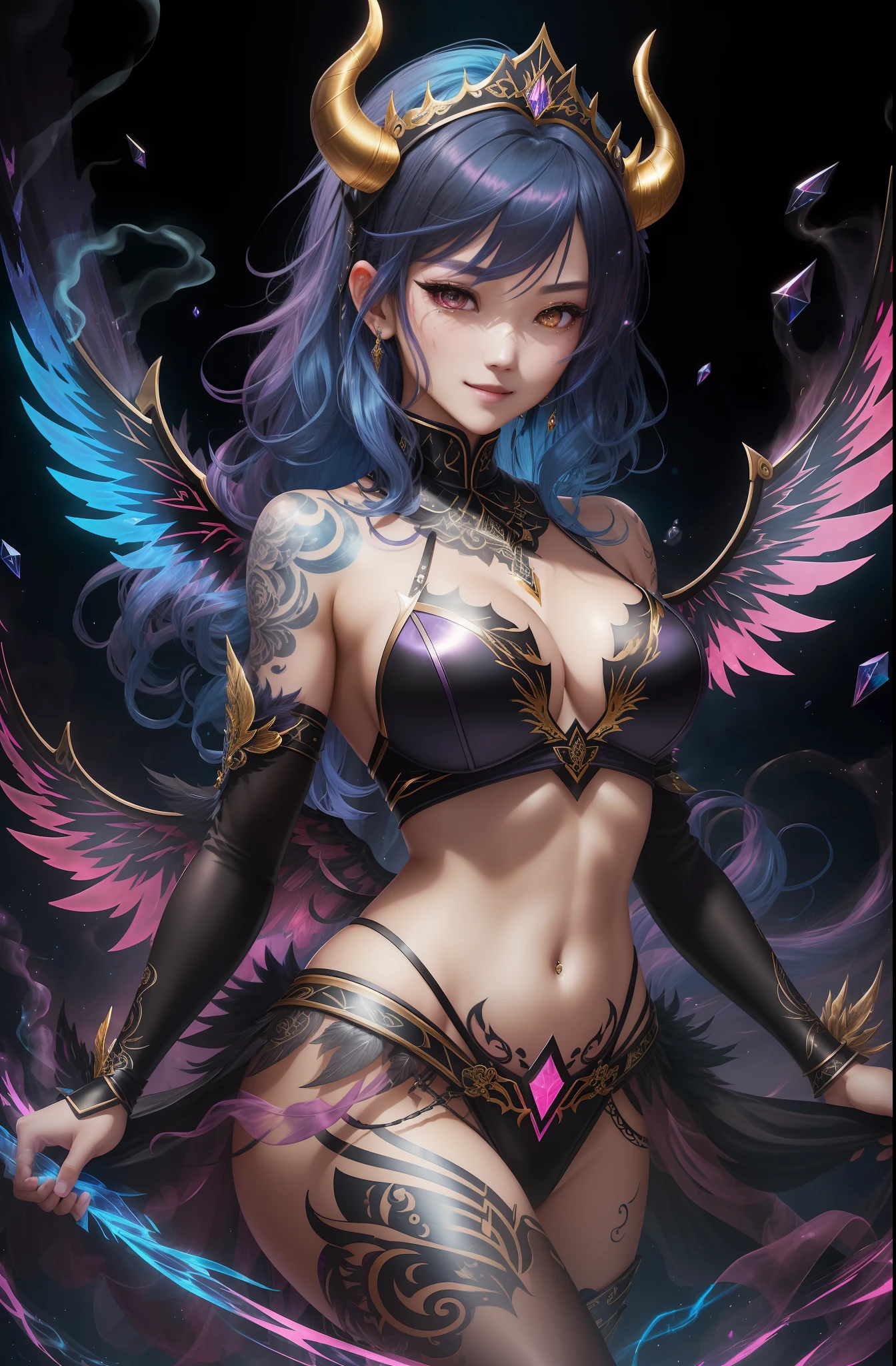 A Masterpiece、BEST QUALITY、pink hair、Blue lightning、lifelike、realistic details、highdetail。blue clothes。Blue thunder。Blue Crystal。Black suspended particles。Black smoke。Black crystals around。Black smoke wafting around。Warping the body。warping the body。Horns。Darkness。Yami Ochi。laughter。shorthair。Short Hair。
a 1girl, beautiody, , fine skin, anicos_No one,, short hair, navel out, Detached sleeves, Bare Shoulders, Central opening, cleavage between breasts, mid breasts, Hair clip with long feathers, Blue hair ornament, thigh highs,Watch your audience,Isekai、Yami Ochi。seduction。Brainkill。tattooed。demon tail。Gold pattern on chest。Luminous tattoo。Luminescent tattoos。demon wings。Black and gold tiara。tiara。Intricate and luxurious tiaras。smile、。