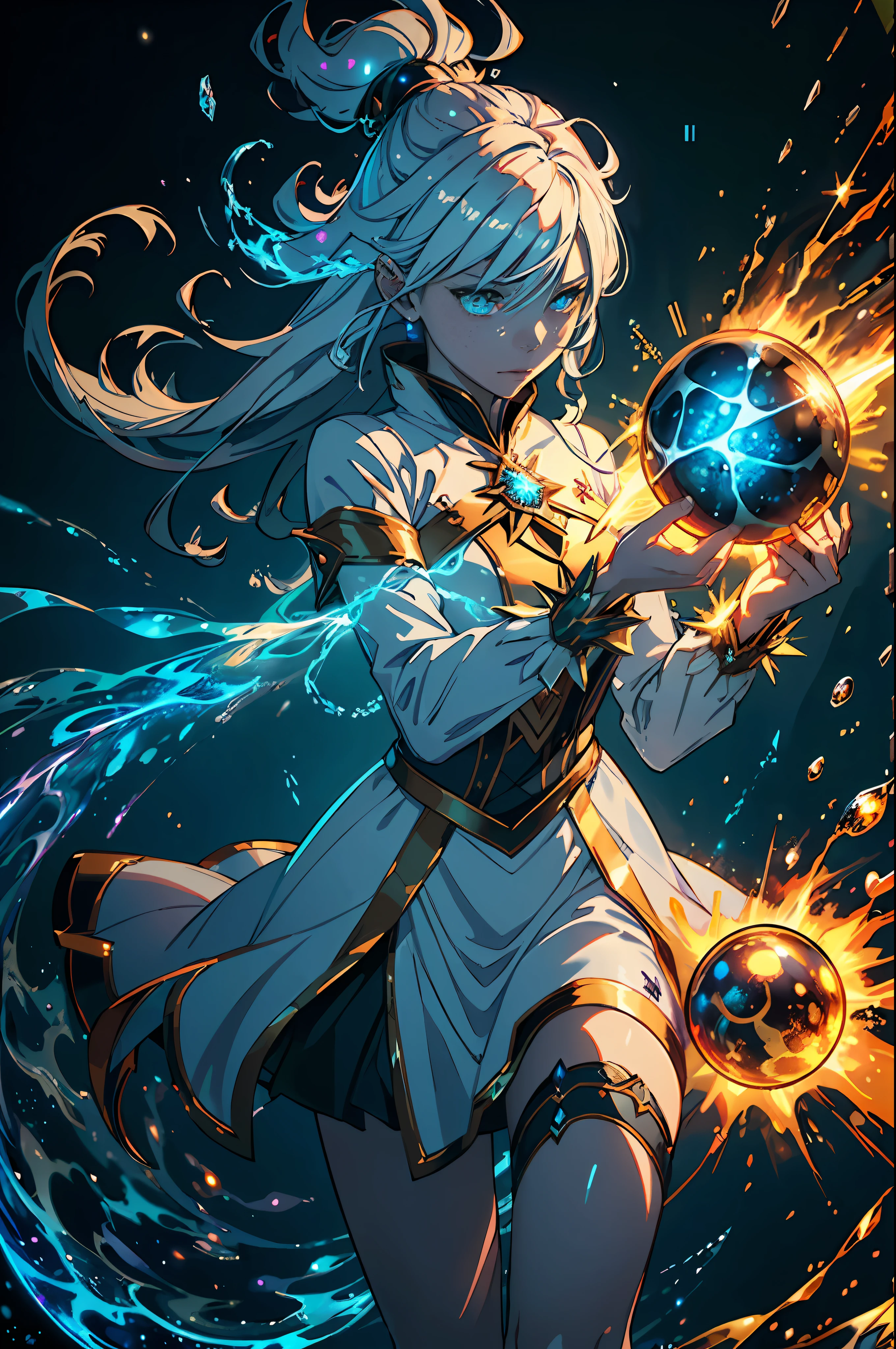 ((Bestquality)), ((A Masterpiece、)), (DETAILED), (realisti), (Official Art), (extremely detailed CG unity 8k wallpaper), a sorcerer wielding ice and fire magic, (elemental mastery), (intense magical energy), (crackling flames), (glowing icy crystals), (spellbinding display), (magical incantations), (frosty breath), (scorching heat), (dual elemental forces), (dynamic motion), (majestic spellcasting), (ethereal glow), (clashing elements), (controlled chaos), (mystical aura), (powerful enchantments), (epic battle), 8k resolution