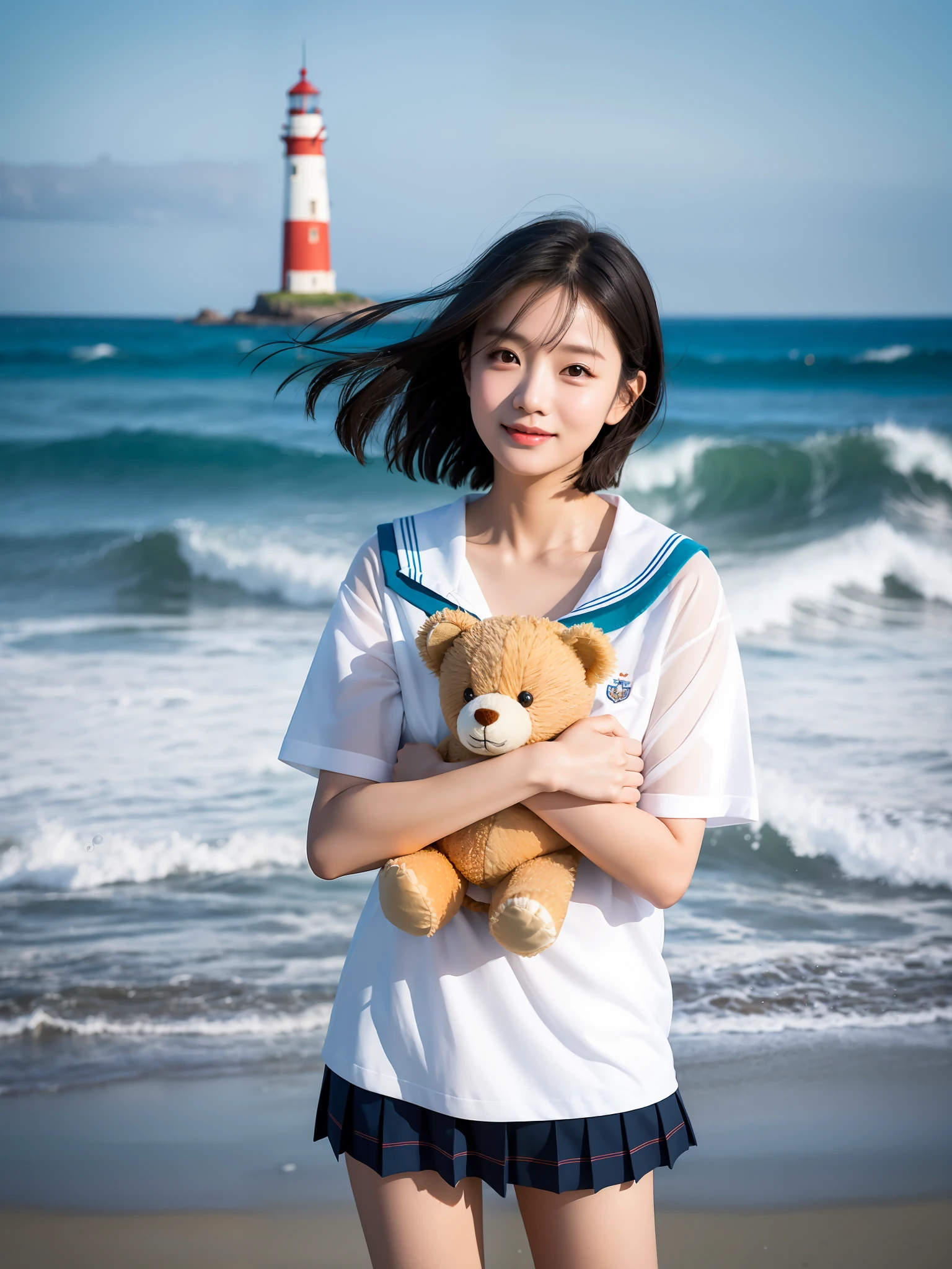 Coastal beauty，1girle，（short hair），SCHOOL UNIFORM，（big eye，Thin face，White skin，Carefree expression），sandy beach background，lighthouse，gentle sea breeze，playful pose，Dynamic composition，Blurred background，Rich colors，Fine details，50mm lens，relaxed atmosphere。portrait photography，35mm film，Nature blurs beautiful and clear eyes，simple blurred background，Extreme detail description，meili，glamorous，Super fine painting，Exquisite Face，exquisite body，Fine collarbones， lovely lips，long slim legs，Full-body photo of standing，（8k，RAW photos，Bestquality，A Masterpiece：1.2），（lifelike，photo-realistic：1.37），Holding a teddy bear in both hands