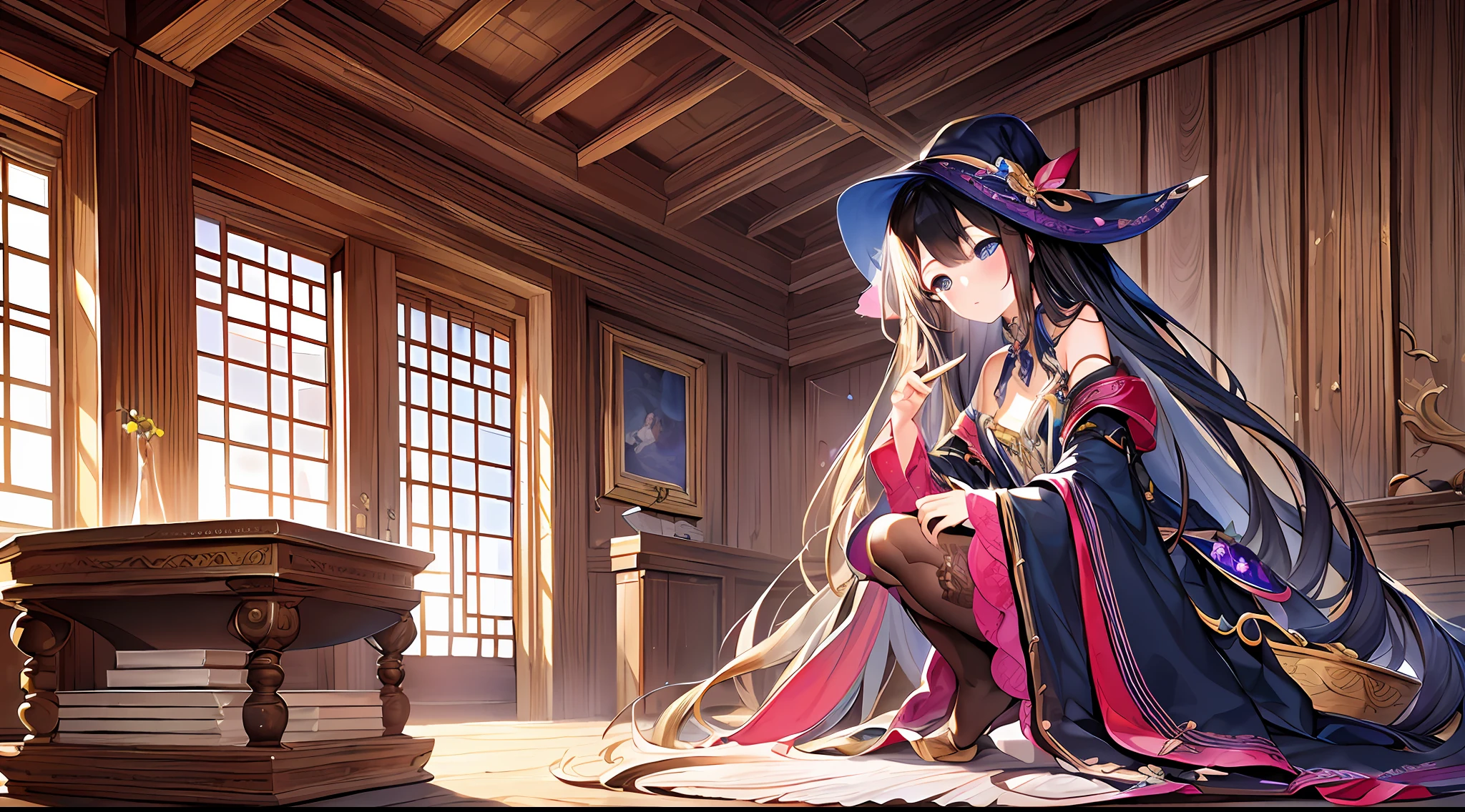 Petite girl、((NIGHT、realistic light、BEST QUALITY、8k、A Masterpiece ))(witches), Indoor, Wooden hut, (MAGIC)Hyper realistic, Anatomical, elegantly, a beautiful background、 BEST QUALITY, A Masterpiece, The best illustration ever, Extremely Delicate and Beautiful, Very elaborate, wallpapers, (Realism, photographic) - lifelike) astonishing、Exquisite details、A Masterpiece、BEST QUALITY、Official Art、Highly detailed detail、 Unity Wallpapers、A miraculous moment in life、Fantastic visual depiction、Professional effects、Loli、13age、Beauty girl、