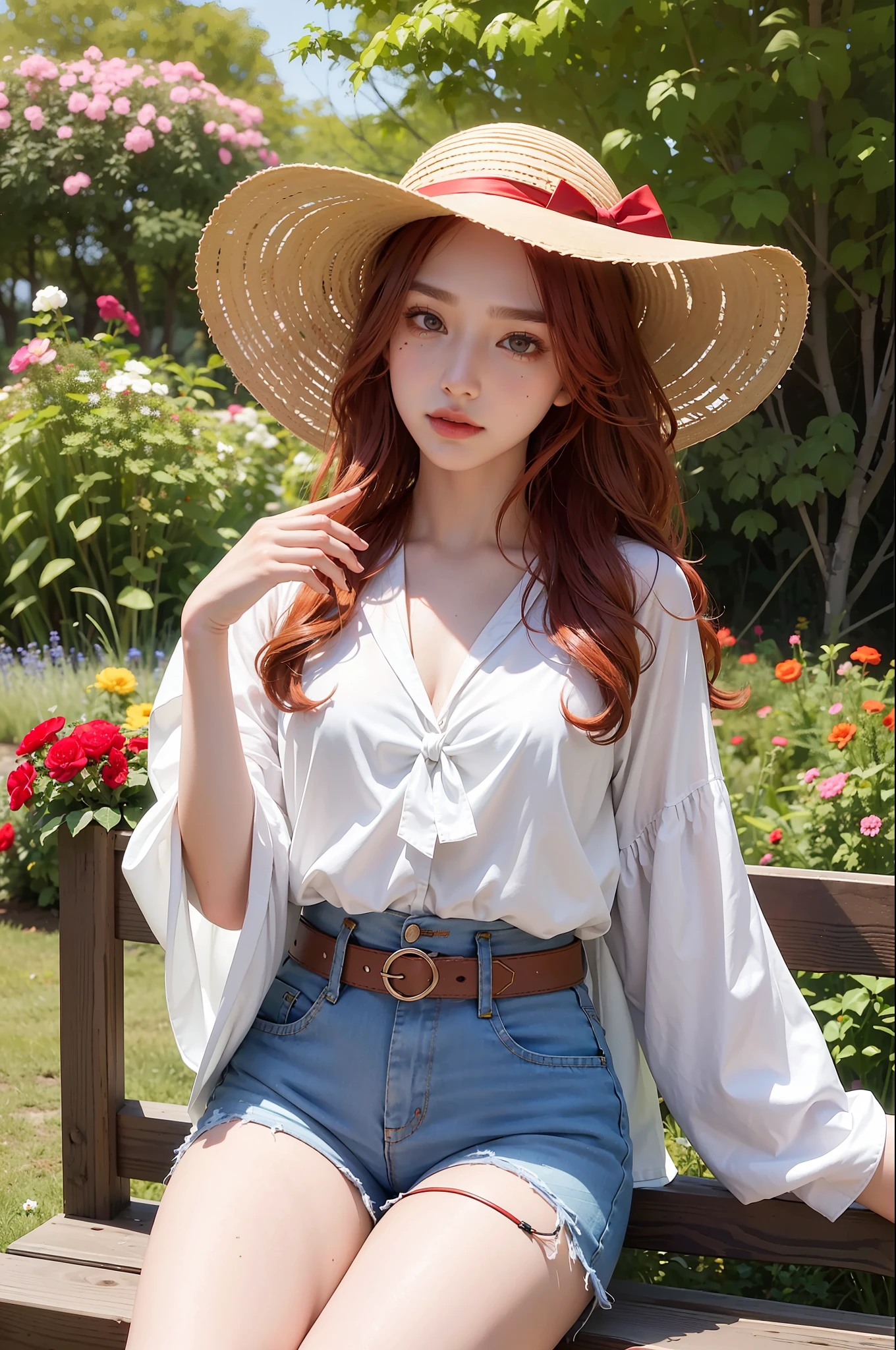 lifelike, Highres, 1 GIRL, Red wavy hair, Korean, heterochromia eyes, Small moles under the eyes, Loose high tie pattern white shirt,Shawl， denim shorts,Sun hat，thighlet,Flower Garden，