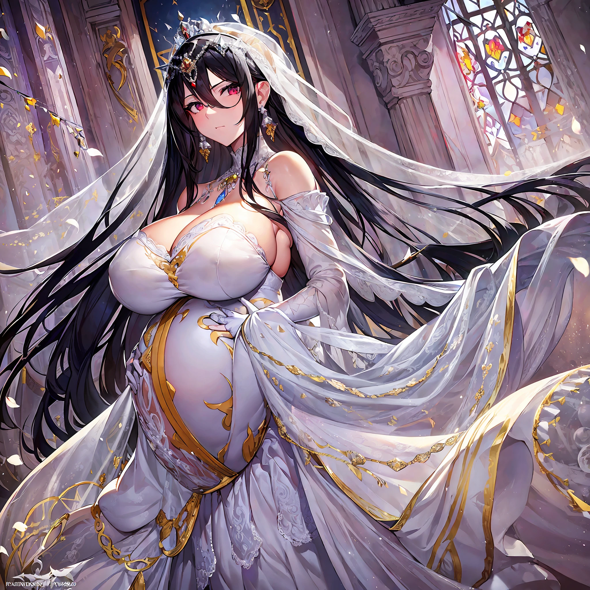 ((anime artstyle)),(((Masterpiece))), ((Best Quality)), ((Super Detail)), Illustration, (((Very Delicate and Beautiful))),Dynamic Angle,Looking at viewer,((((Solo)))),June bride,(((1 arrogant pregnant empress in See-through white wedding dress having a wedding ceremony in a royal palace))),((((heavily pregnant)))),last month of pregnancy,(((hoop skirt))),(((Full body))),(standing),((embarrassed)),anguish,Purple eyes,(Sharp eyes),Detailed Face, Long Eyelashes,Jet Black Hair,Straight Hair,((Very Long Hair)),Bangs between eyes, ((((gigantic breasts)))),cleavage,skindentation,curvy,See-through,(((fusion of See-through white wedding dress and white rococo ball gown))),(fluffy See-through white wedding dress with gorgeous embroidery),long skirt,corset,crinoline,long bridal veil,opera gloves,finely decorated jeweled big tiara, gem earrings,finely decorated necklace,Beautifully jeweled ornaments,indoor,white lily flowers, flower petals flowing,Stained glass,light particles,