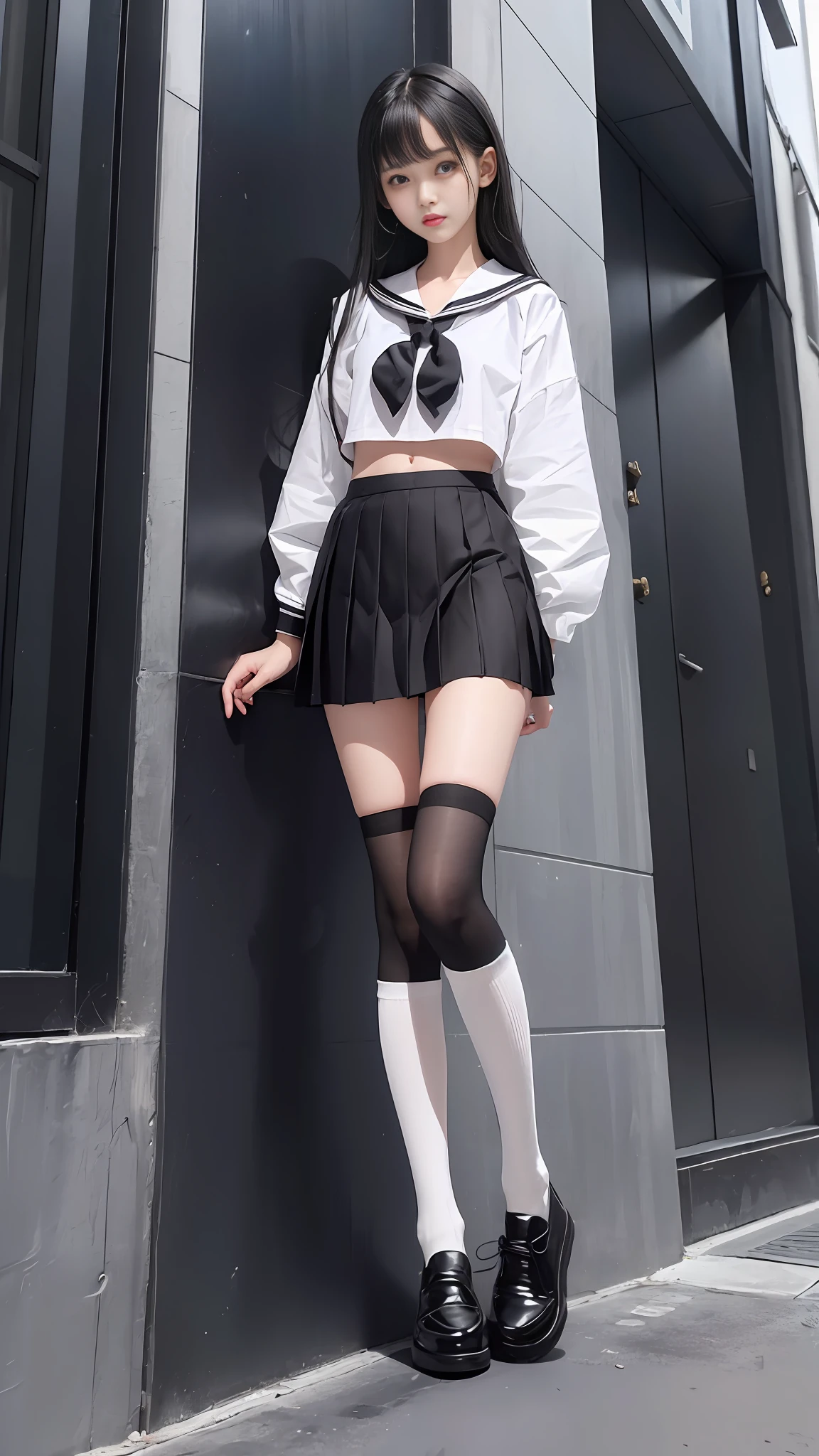 sailor suit、、Black pleated skirt、knee high socks、All over body、hair long、One Girl、Navel、skinny legs、Thin abs、black shoes、Standing like a model