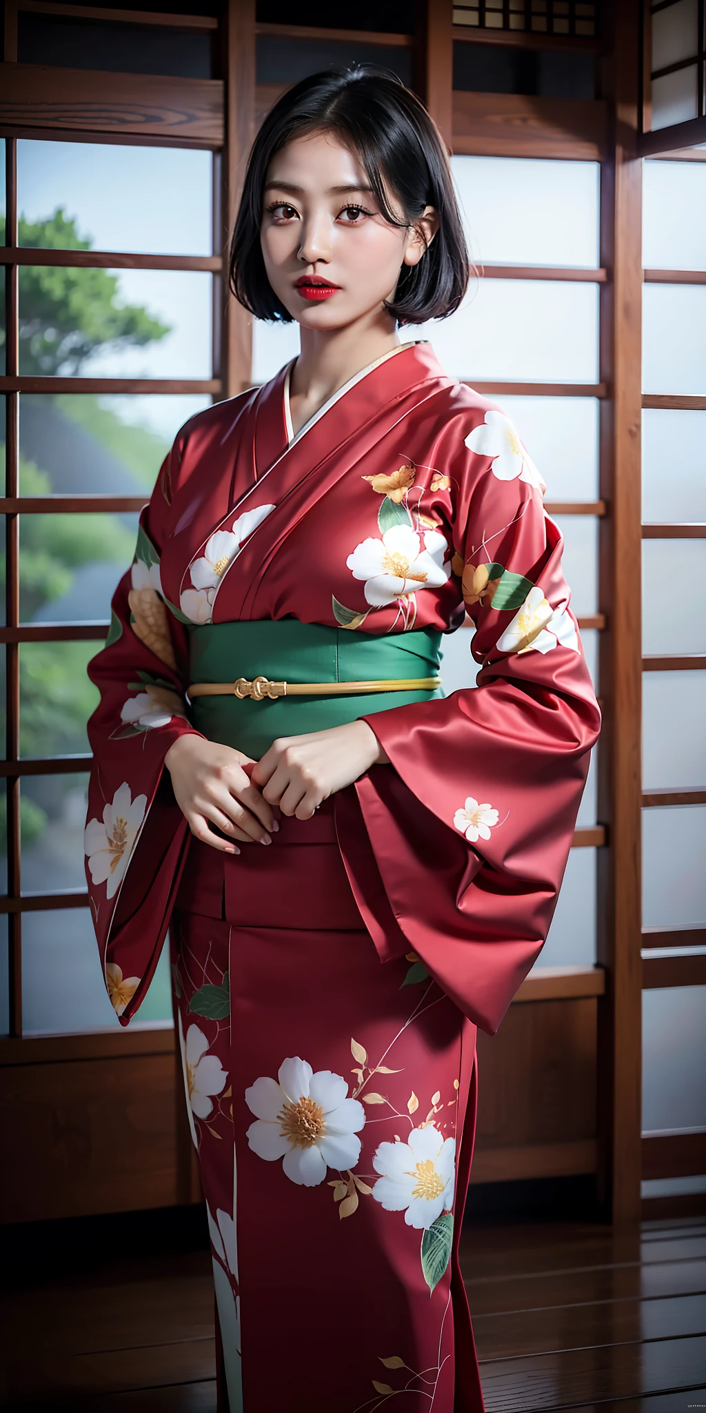 (red kimono:1.2),(japanese clothes:1.2),(floral print),(long sleeves),1 girl,full body,(short hair),(realistic:1.7),((best quality)),absurdres,(ultra high res),(photorealistic:1.6),photorealistic,octane render,(hyperrealistic:1.2), (photorealistic face:1.2), (8k), (4k), (Masterpiece),(realistic skin texture), (illustration, cinematic lighting,wallpaper),( beautiful eyes:1.2),((((perfect face)))),(cute),(standing),red lips, outdoors,(japanese style countryard),