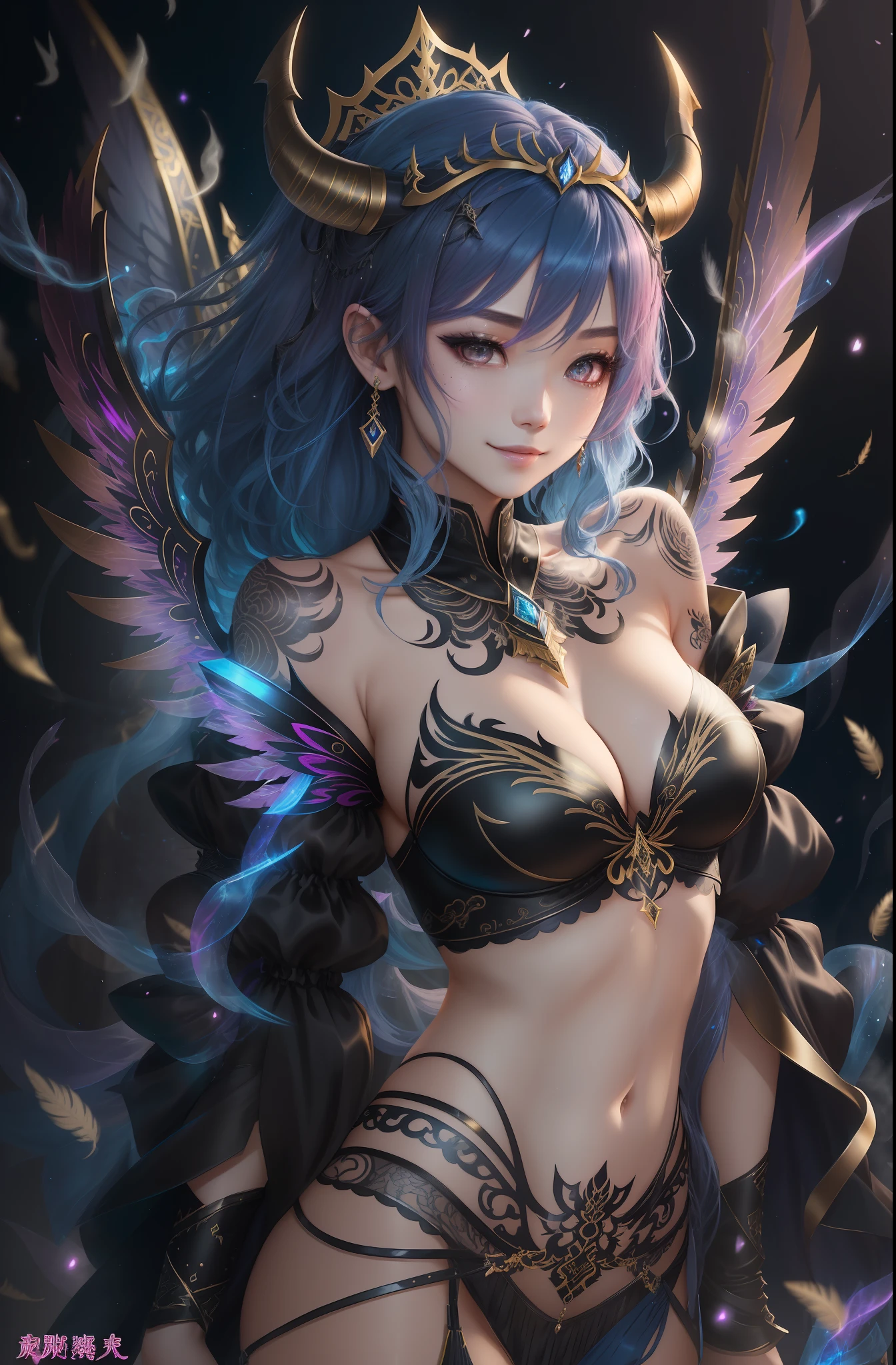 A Masterpiece、BEST QUALITY、pink hair、Blue lightning、lifelike、realistic details、highdetail。blue clothes。Blue thunder。Blue Crystal。Black suspended particles。Black smoke。Black crystals around。Black smoke wafting around。Warping the body。warping the body。Horns。Darkness。Yami Ochi。laughter。shorthair。Short Hair。
a 1girl, beautiody, , fine skin, anicos_No one,, short hair, navel out, Detached sleeves, Bare Shoulders, Central opening, cleavage between breasts, mid breasts, Hair clip with long feathers, Blue hair ornament, thigh highs,Watch your audience,Isekai、Yami Ochi。seduction。Brainkill。tattooed。demon tail。Gold pattern on chest。Luminous tattoo。Luminescent tattoos。demon wings。Black and gold tiara。tiara。Intricate and luxurious tiaras。smile、、。Luminous blade。