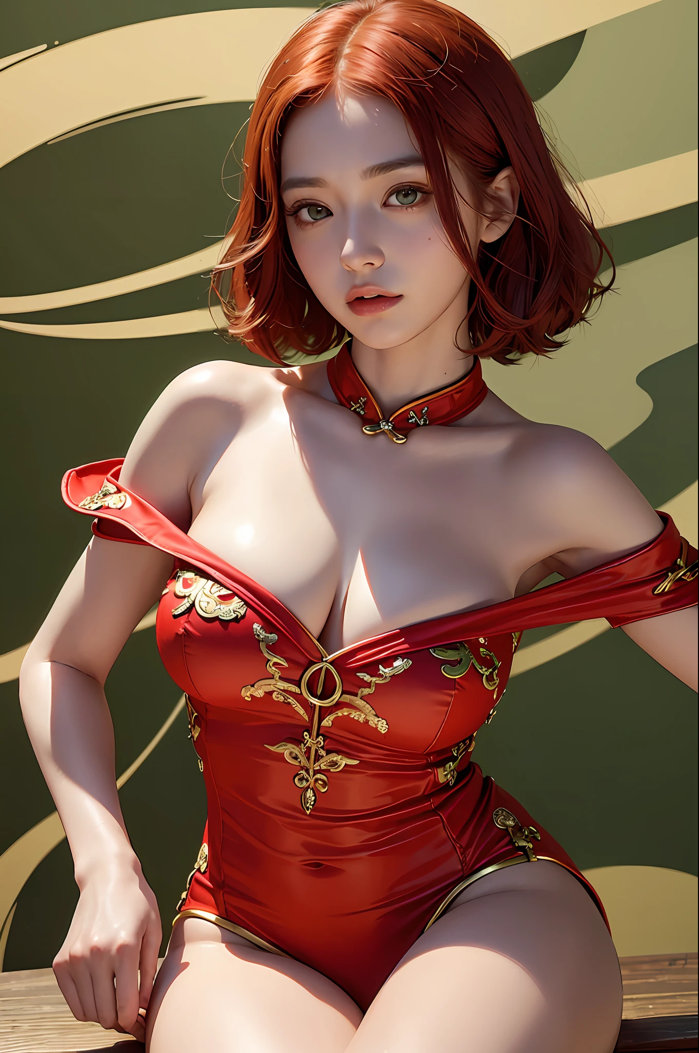 lifelike, Highres, Bestquality,Refined face,1 girl Girl, 1 girl ,Red Hair,with short hair,Chines,Chinese wind,Green eyes,Double eyelidd,Large breasts,Green to red cheongsam,thin thigh,Shackles,highly detailed facial and skin texture,Detailed hands,Detailed thighs,detailed breasts