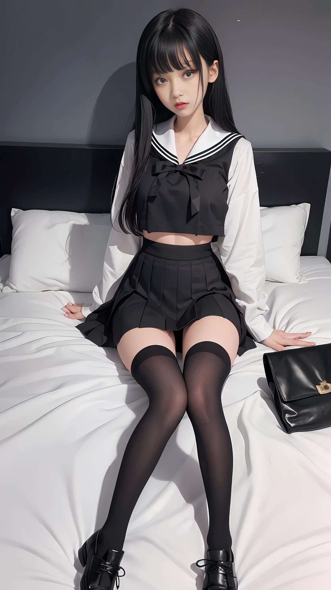 sailor suit、Black pleated skirt、knee high socks、All over body、hair long、One Girl、Navel、skinny legs、Thin abs、black shoes