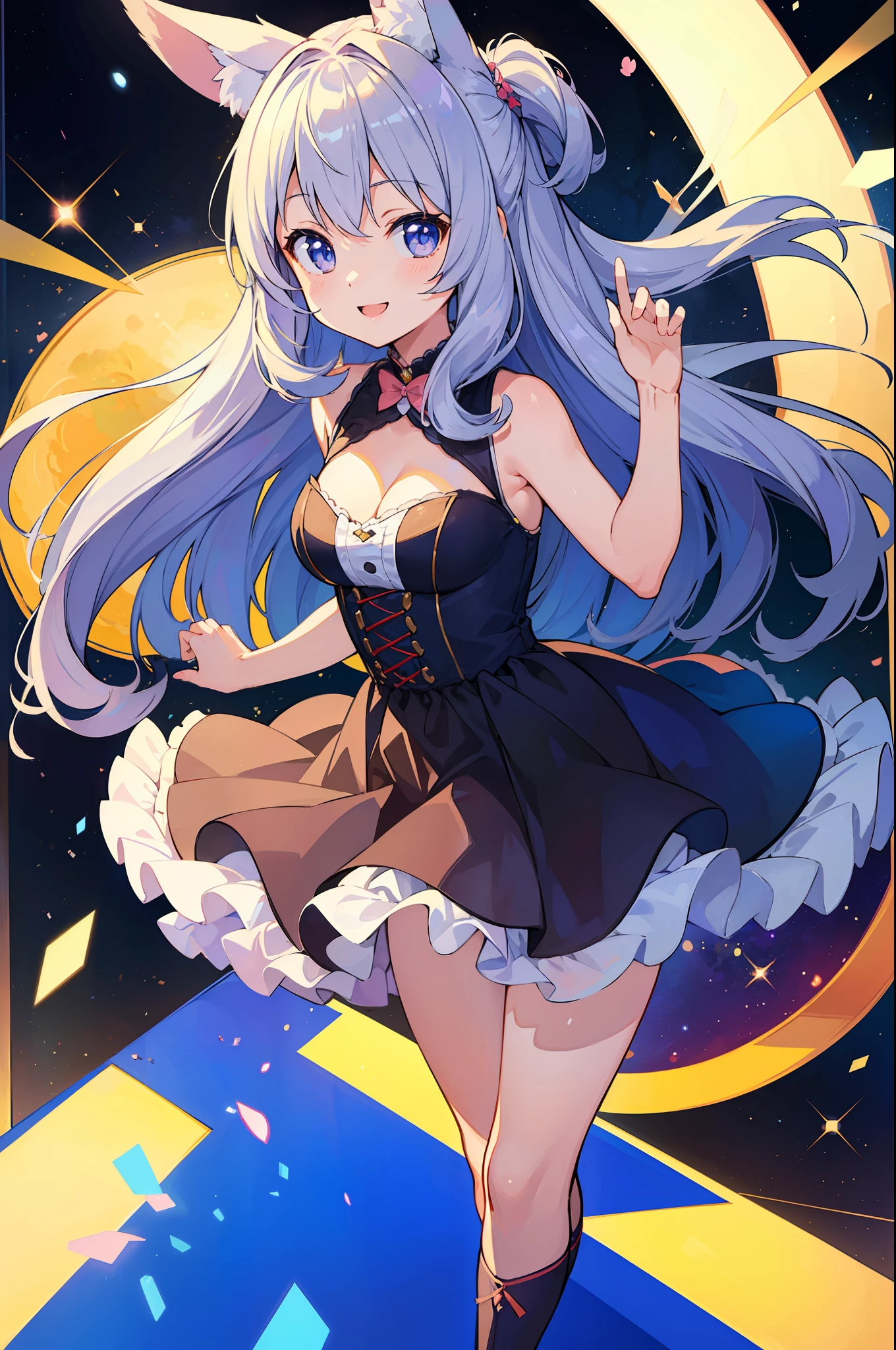(A Masterpiece)、(Top quality anime illustrations)、(ultra definition)、a 1 girl、solo、、Beautiful girl with silver hair、Anime Loli、Cat eared loli、Idol、seethrough、Sleeveless、smiling smile、Cleavage emphasis、Lower milk emphasis、thights