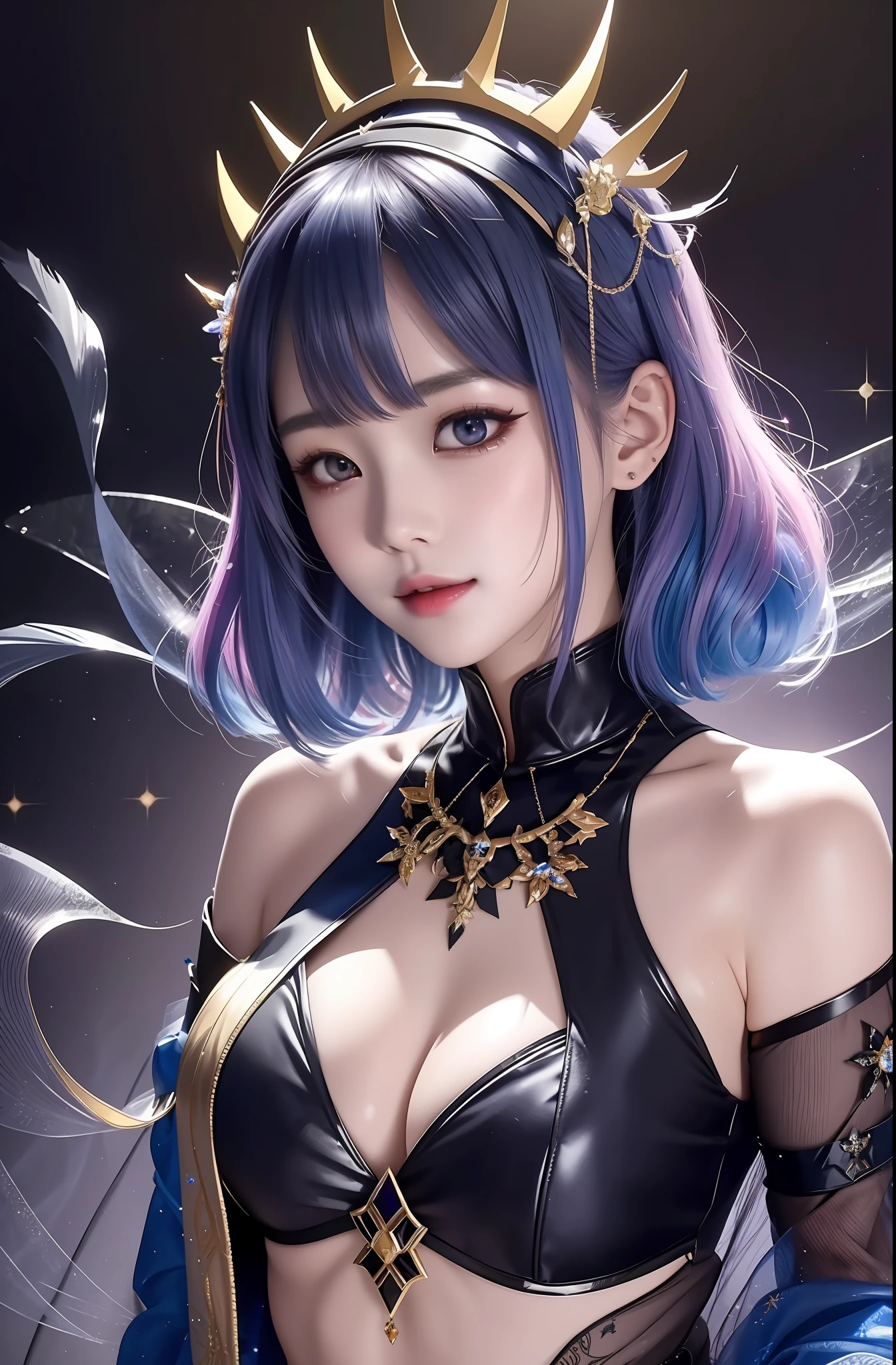 A Masterpiece、BEST QUALITY、pink hair、Blue lightning、lifelike、realistic details、highdetail。blue clothes。Blue thunder。Blue Crystal。Black suspended particles。Black smoke。Black crystals around。Black smoke wafting around。Warping the body。warping the body。Horns。Darkness。Yami Ochi。laughter。shorthair。Short Hair。
a 1girl, beautiody, , fine skin, anicos_No one,, short hair, navel out, Detached sleeves, Bare Shoulders, Central opening, cleavage between breasts, mid breasts, Hair clip with long feathers, Blue hair ornament, thigh highs,Watch your audience,Isekai、Yami Ochi。seduction。Brainkill。tattooed。demon tail。Gold pattern on chest。Luminous tattoo。Luminescent tattoos。demon wings。Black and gold tiara。tiara。Intricate and luxurious tiaras。smile、、。