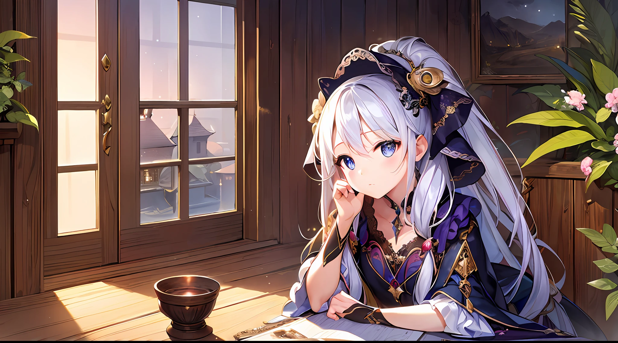 Petite girl、((NIGHT、realistic light、BEST QUALITY、8k、A Masterpiece ))(witches), Indoor, Wooden hut, (MAGIC)Hyper realistic, Anatomical, elegantly, a beautiful background、 BEST QUALITY, A Masterpiece, The best illustration ever, Extremely Delicate and Beautiful, Very elaborate, wallpapers, (Realism, photographic) - lifelike) astonishing、Exquisite details、A Masterpiece、BEST QUALITY、Official Art、Highly detailed detail、 Unity Wallpapers、A miraculous moment in life、Fantastic visual depiction、Professional effects、、13age、Beauty girl、