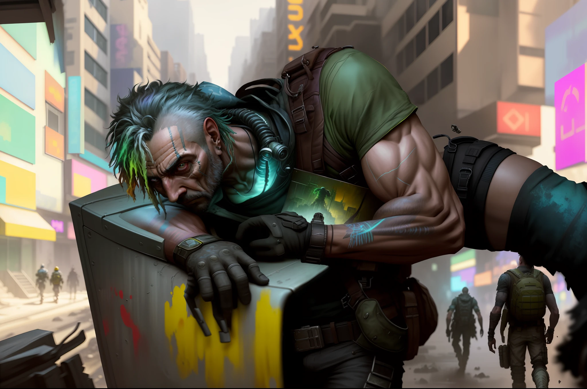 (masterpiece) high detailed RAW, a post apocalyptic man with a backpack is walking through a vivid rainbow themed cyberpunk city , hassanfantasy style , by Jeremy Mann and Donato Giancola ultra realistic highly detailed intricate photorealistic