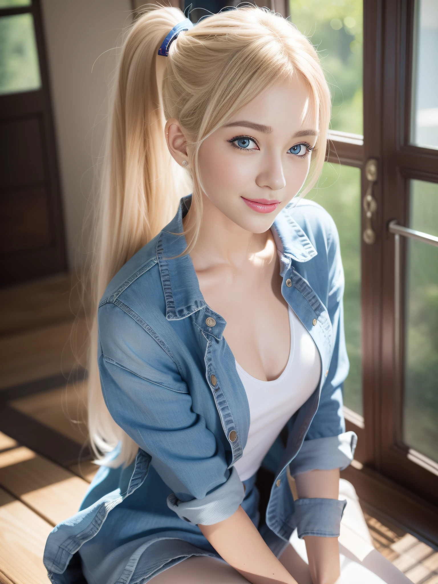 Realistic, Photorealistic: 1.37, Masterpiece, Colorful, Fine Detail, Big, Beautiful Skin, Fair Skin, One Woman, (20 Years Old Beautiful Korean Woman: 1.1), (KPOP Idol, Mixed), (Caucasian and Mixed), (Western Look), Ultra High Definition, (8k, RAW Photo, Best Quality, Masterpiece: 1.2), Big Bust, (Realistic Nipples)), Attractive Blue Eyes, ( 50mm Sigma f/1.4 Zeiss lens, f1.2, 1/800s, ISO 100, Photo: 1.1), (Ponytail + Blonde: 1.2), (Realistic), Bokeh, Sharp, (Photorealistic), Live Action Photography, Solo, Top Quality, Very Beautiful Face, Very Beautiful Eyes, Beautiful Detailed Eyes, Floating Hair, ((School Uniform)), Open Shirt Blouse, very short miniskirt, pleated skirt, white panties, no pantyhose, thin, super beautiful legs, tall, beautiful legs, (thigh gap)), (model: 1.2), smile from the front: 1.1, dynamic pose, open legs, (makeup: 1.2), arms behind, sitting and smiling