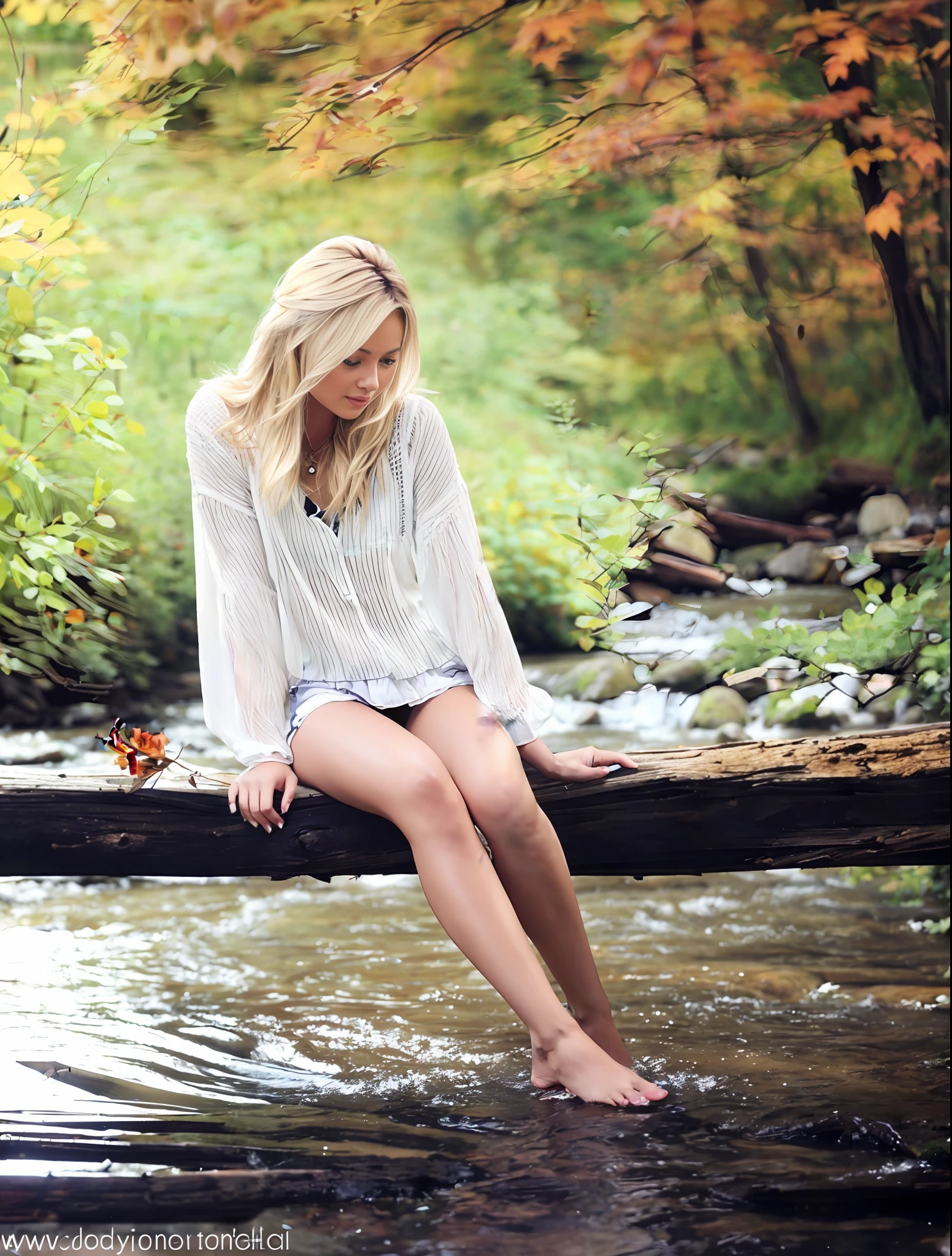 arafed woman sitting on a log in a stream of water, sitting near a river, beautiful lonely girl, beautiful blonde girl, sitting at a pond, beautiful model, beautiful a girl, very beautiful photo, sitting on a wood dock, she is walking on a river, blonde woman, autumn season, cute lady, blond hair、 GIRL, sitting on a wooden dock, gorgeous lady