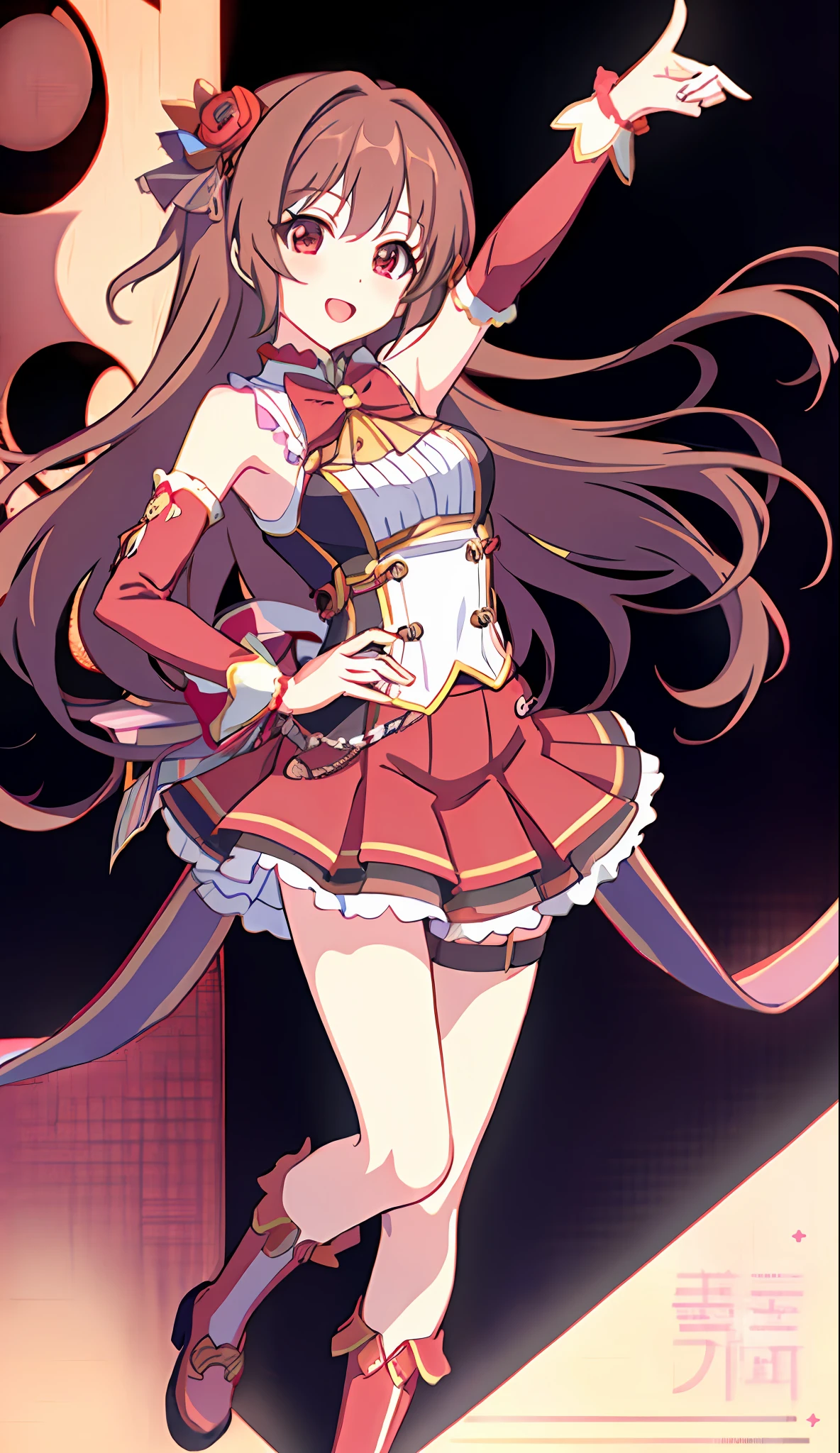 18 love beautiful girls、A Masterpiece、BEST QUALITY、8K Anime、detailed fingers、accurate finger、Non-unnatural hands、A illustration、a 1girl、solo、、、Brown long hair、Red Idol Costume、Red mini skirt、Red eyes、White knee socks、Nozomi、
