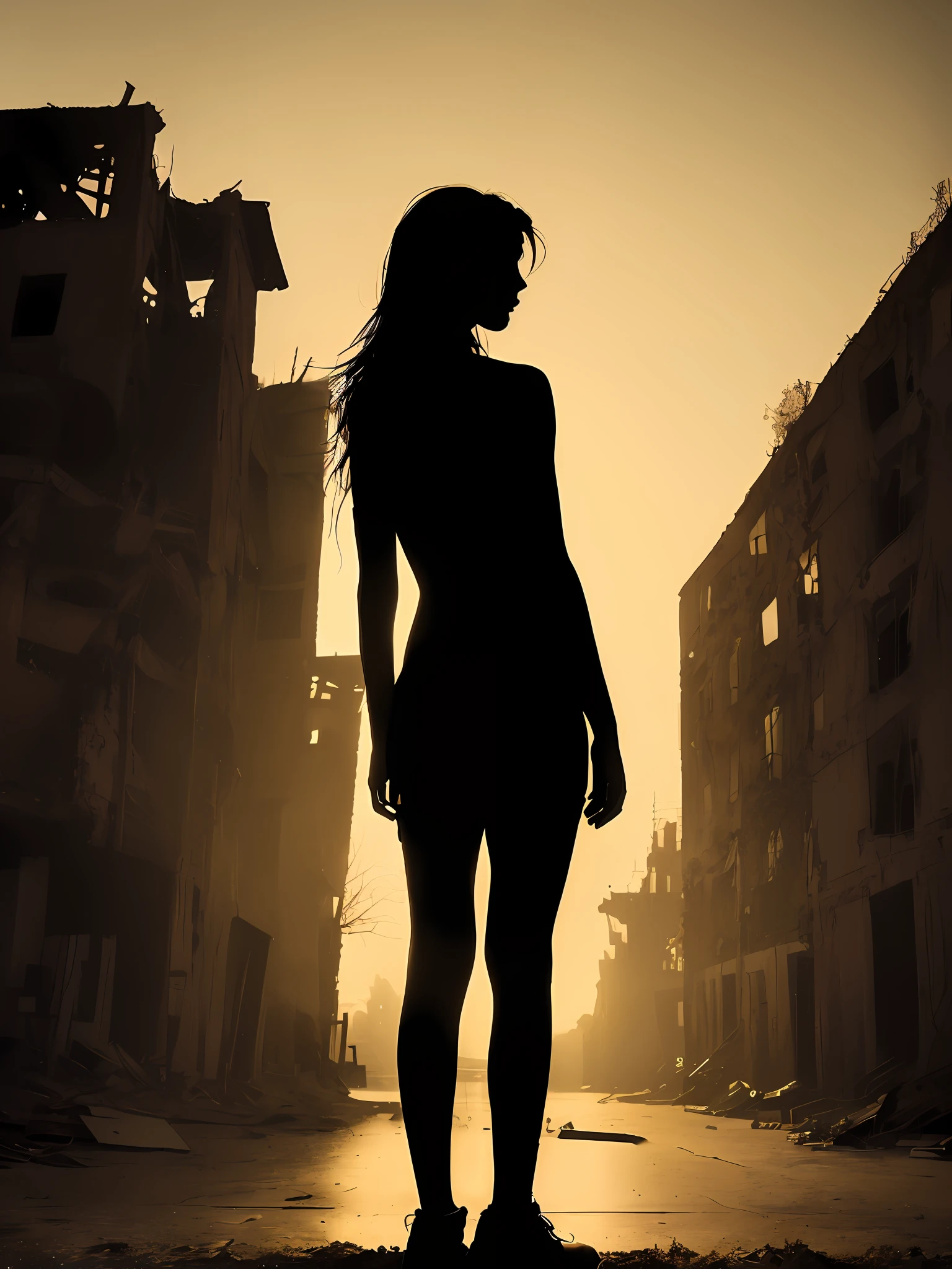 book portrait ( silhouette of a  girl ) (medium size chest and ass) ( abandoned city silhouette ) with the title in the down part (title is "scars of the past ")