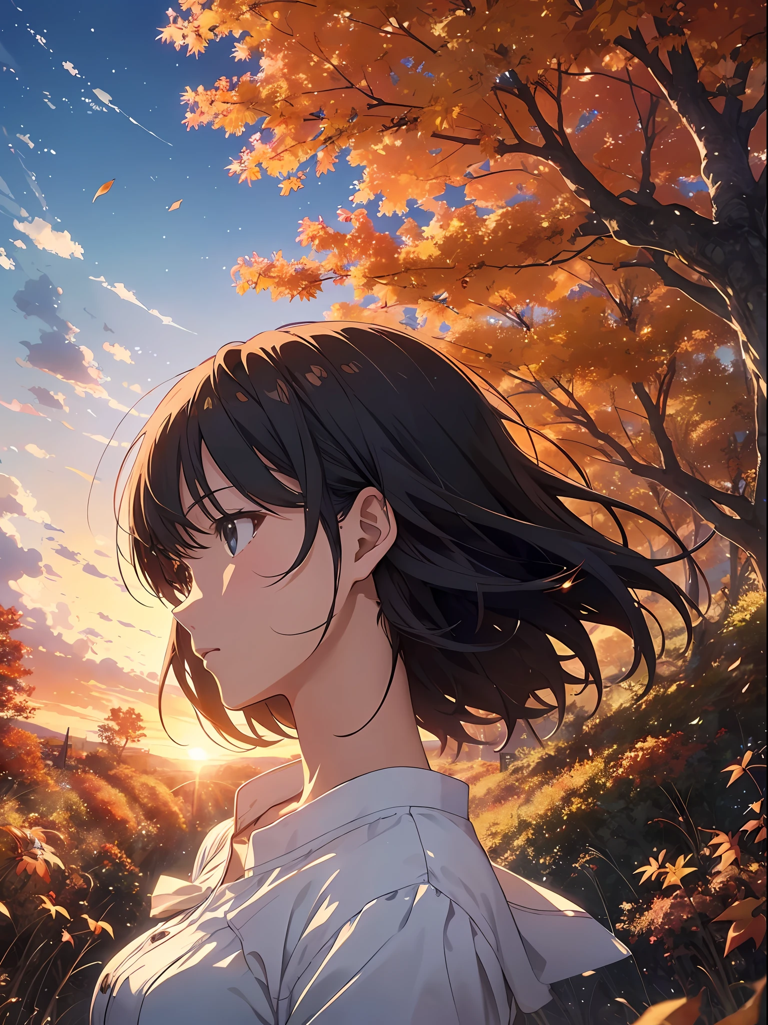 Makoto Shinkai、((A Masterpiece)),((highest quality)),、the anime、Autumn sky、Tree Dead、Dead leaves、1women、Looking up at the autumn sky directly above、autumn、Beautiful scenery、Beautiful sunset sky、Magic Hour、There is a little wind、Perspective、Transparent skin、from below、Close-up in profile、
