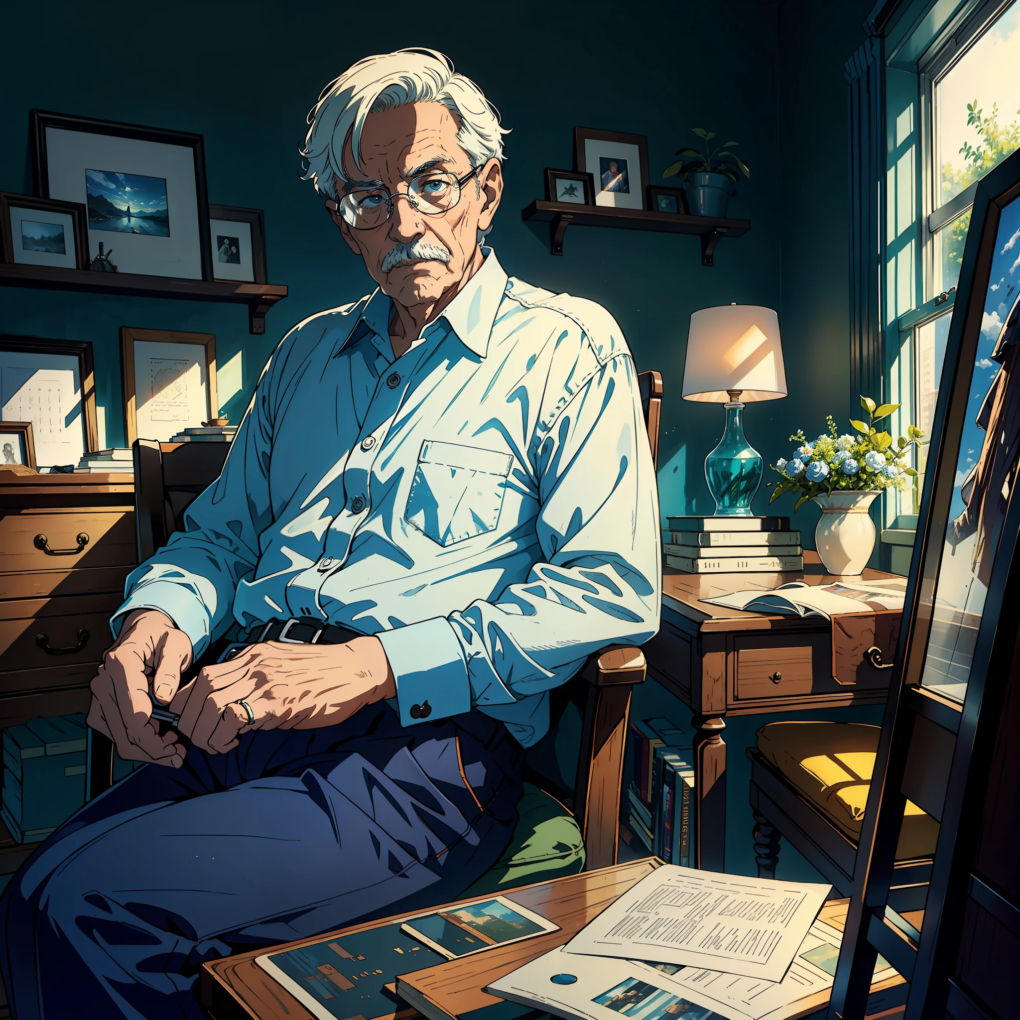 A Masterpiece，Official Art，8K、A Masterpiece，BEST QUALITY，Highly meticulous，The old man sat in front of a computer screen，Wearing glasses，White shirt，The expression on the face is concentrated，Flip through the web page，Fingers move quickly on the keyboard，Sitting next to him was a cup of tea，The room was filled with natural light from nearby windows，The shelves are full of books and photos，Family portraits hang on the walls，In the corner of the room is a comfortable armchair