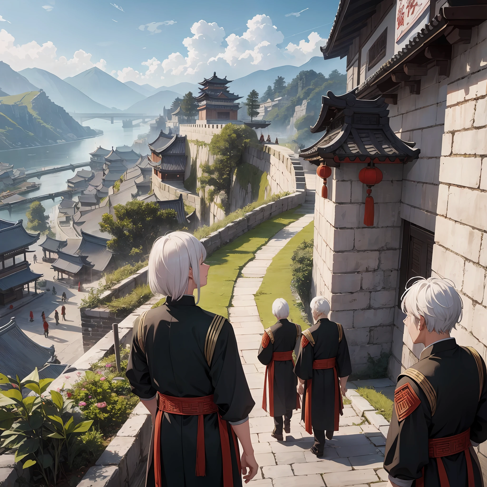 hyperdetail，Ancient China，A group of white-haired elderly soldiers，Guarding the city walls