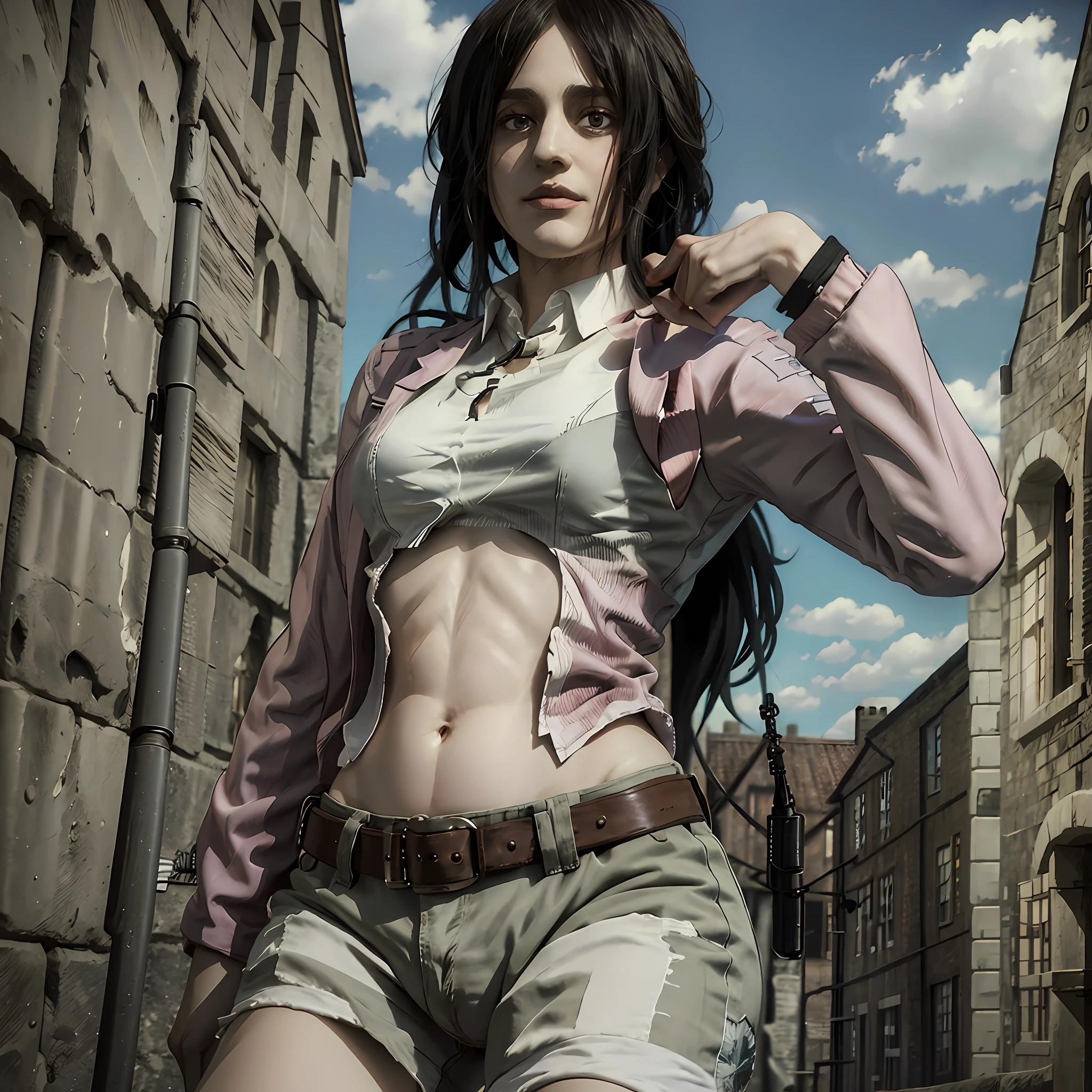 Finger Pieck, Shingeki no Kyojin , Attack on Titan, realistic 3D art, anime style, smiling, rendered anime, Soft 3D chubby, Muscular, nudity, LoRA Style, abdomen, thick thighs, Muscular