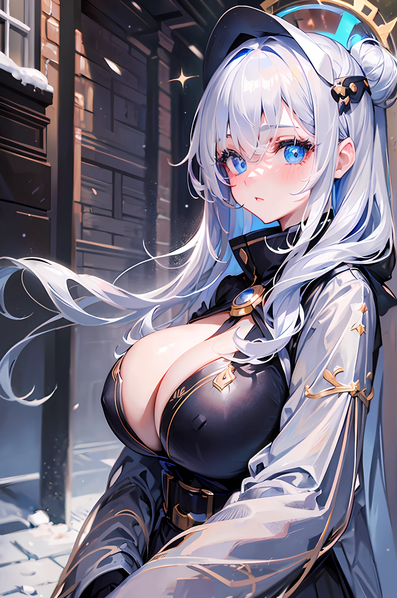 (((Masterpiece))), top quality, super detailed, blush, cute and playful, coat, snow country, black long coat, belt, silver hair, tearing breasts, fluffy hairstyle, elastic breasts, (((Huge breasts)), light blue beautiful eyes.