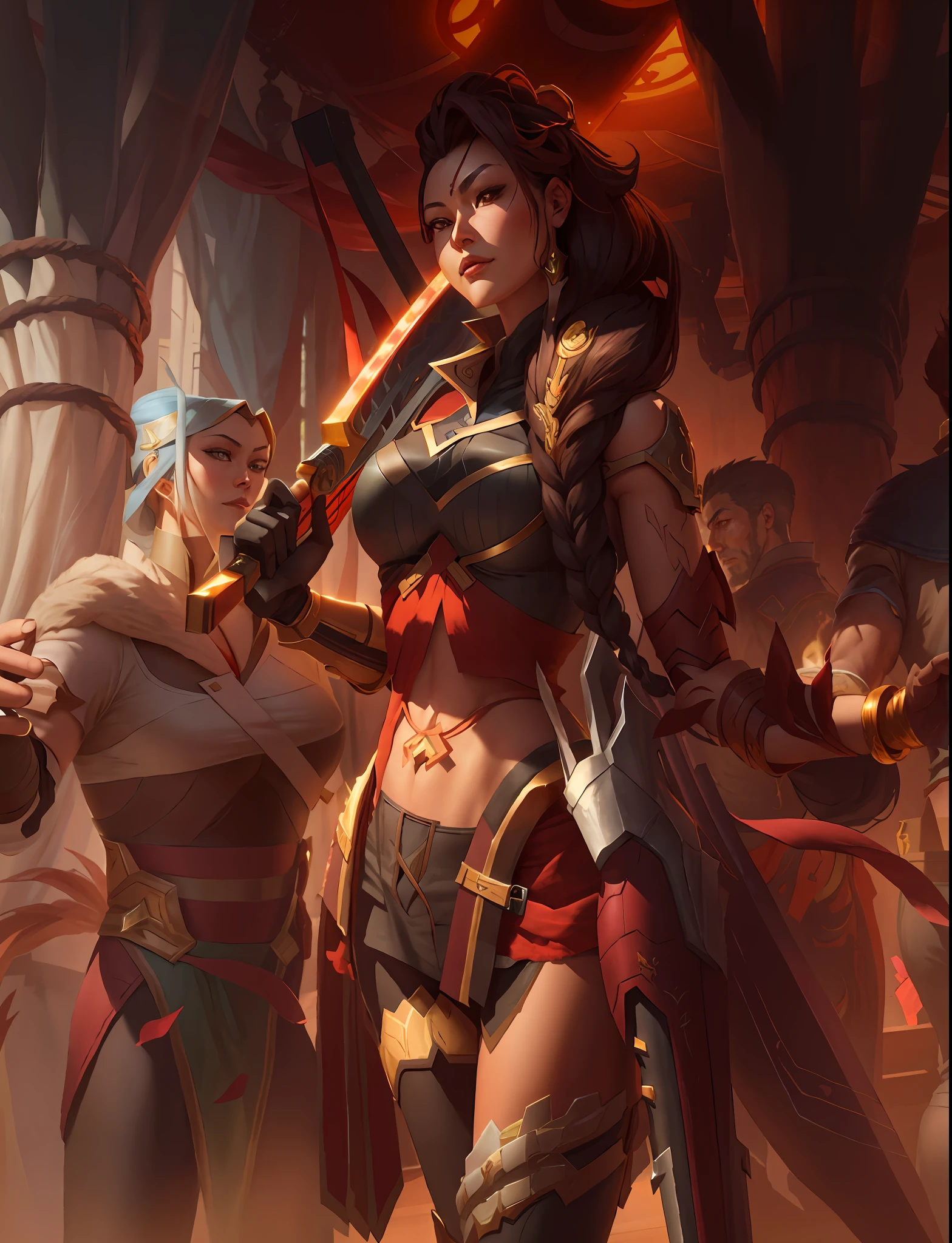 a close up of a woman holding a katana in a room, zenra taliyah, by Yang J, riot games concept art, samira from league of legends, huge breast: 1.6, tithi luadthong, artgerm julie bell beeple, ashe, league of legends character art, portrait of modern darna, by Lisa Nankivil, bian lian